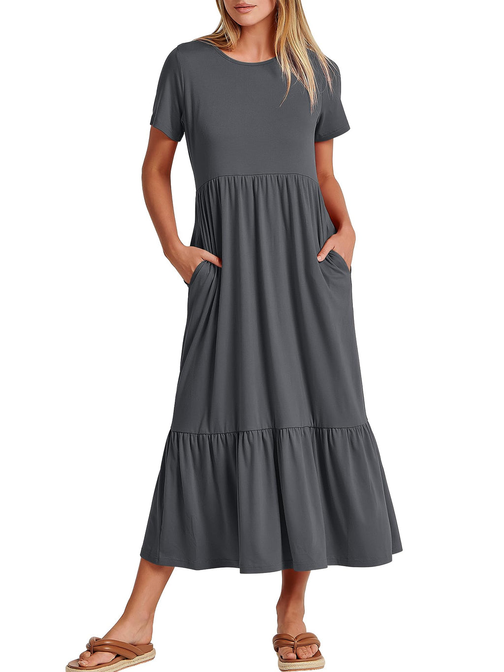 Womens 2026 Summer Casual Maxi Dress A line Tiered Flowy Short Sleeve Crewneck T Shirt Beach Travel Long Dresses