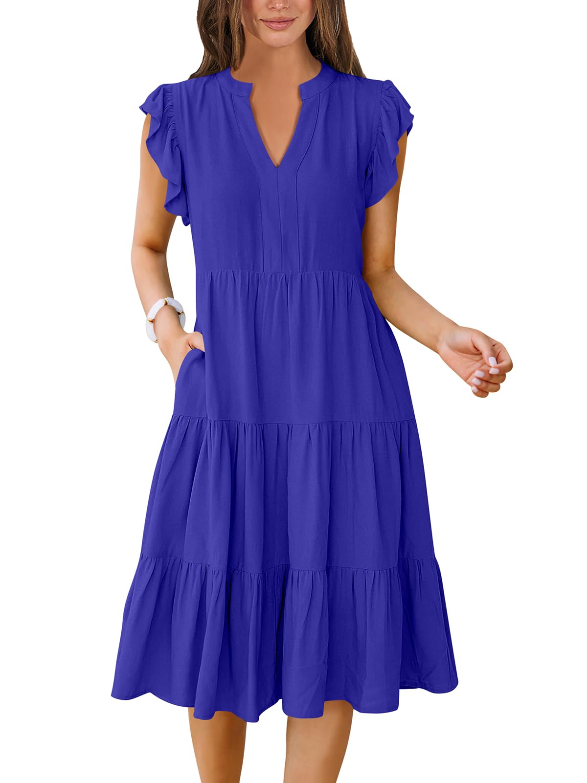 Womens Summer Dress Ruffle Sleeve V Neck Midi Dresses Fashion Casual Fit Flowy Tiered Boho Beach Vacation Sundress