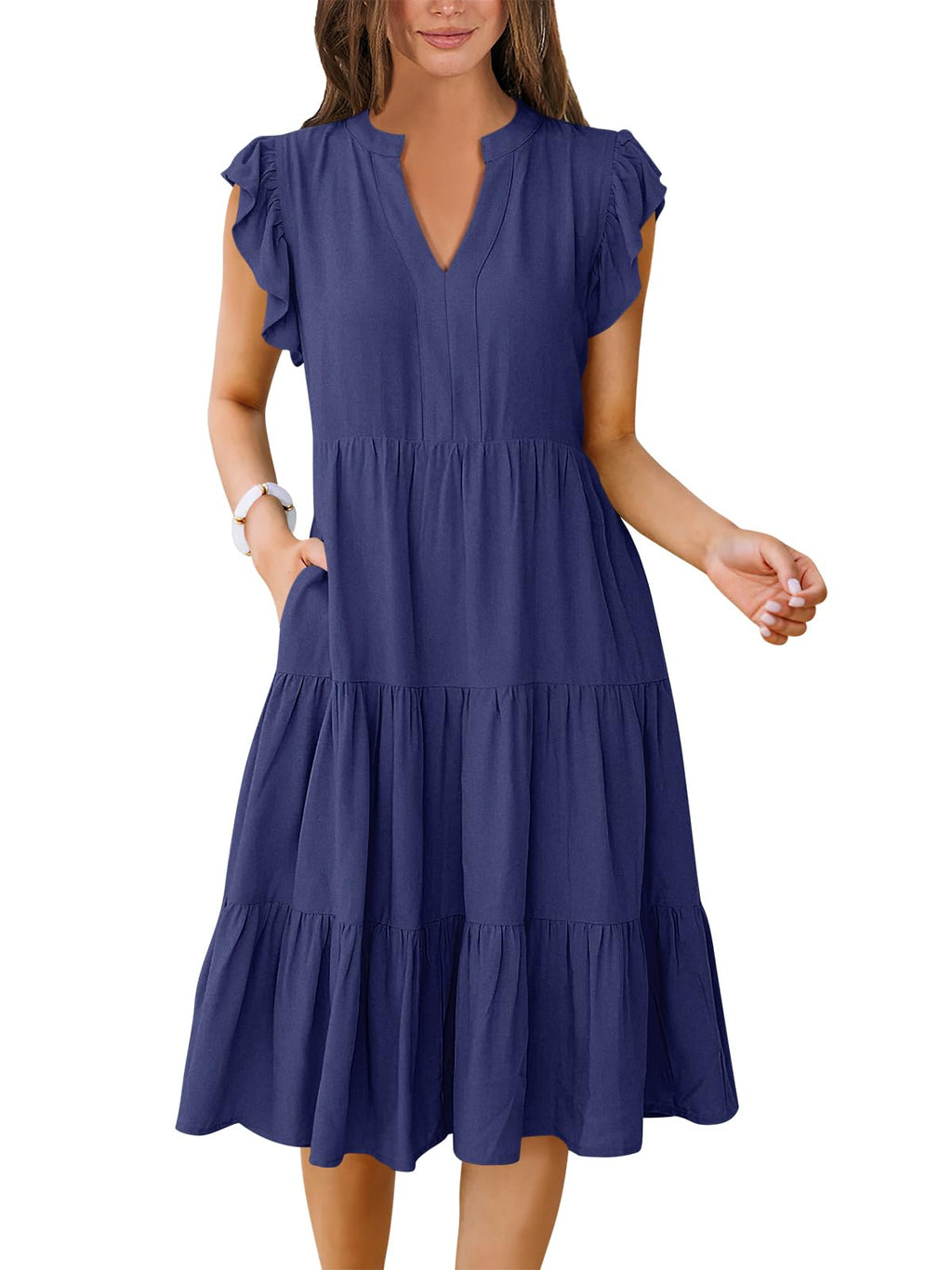 Womens Summer Dress Ruffle Sleeve V Neck Midi Dresses Fashion Casual Fit Flowy Tiered Boho Beach Vacation Sundress