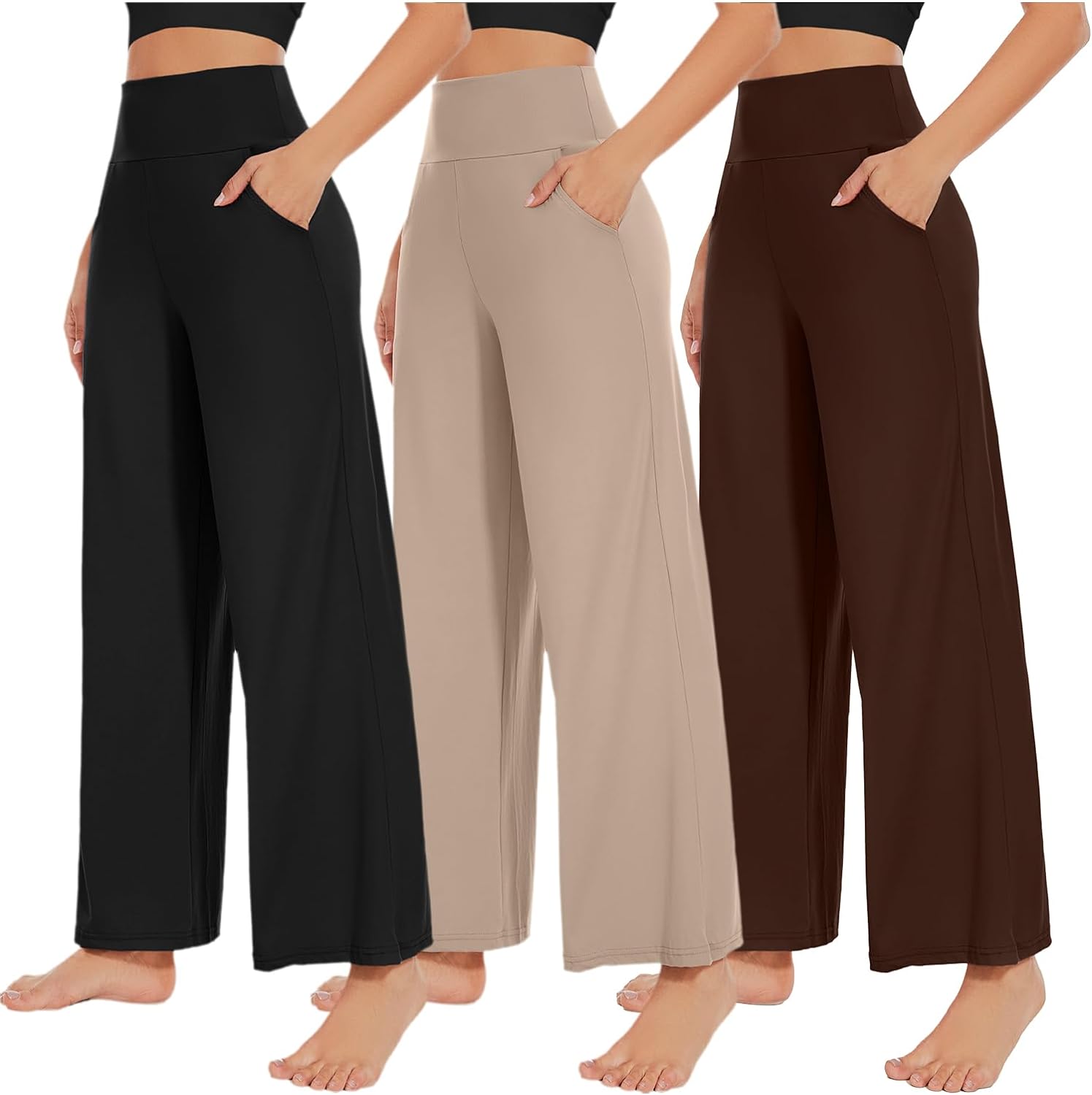 NEW Young 3 Pack Women's Wide Leg Pants with Pockets High Waist Loose Sweatpants Casual Lounge Yoga Workout Palazzo