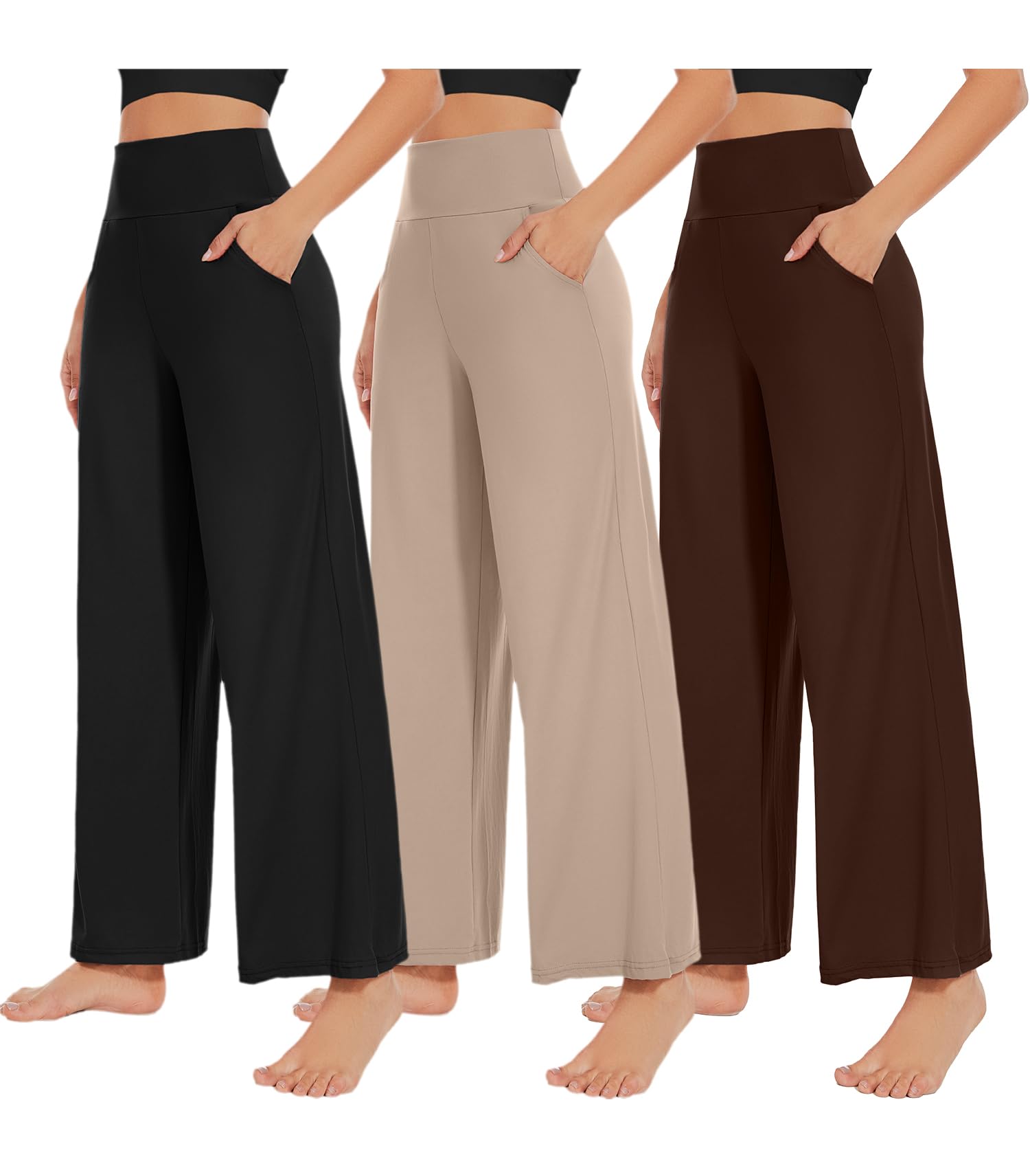 NEW Young 3 Pack Women's Wide Leg Pants with Pockets High Waist Loose Sweatpants Casual Lounge Yoga Workout Palazzo