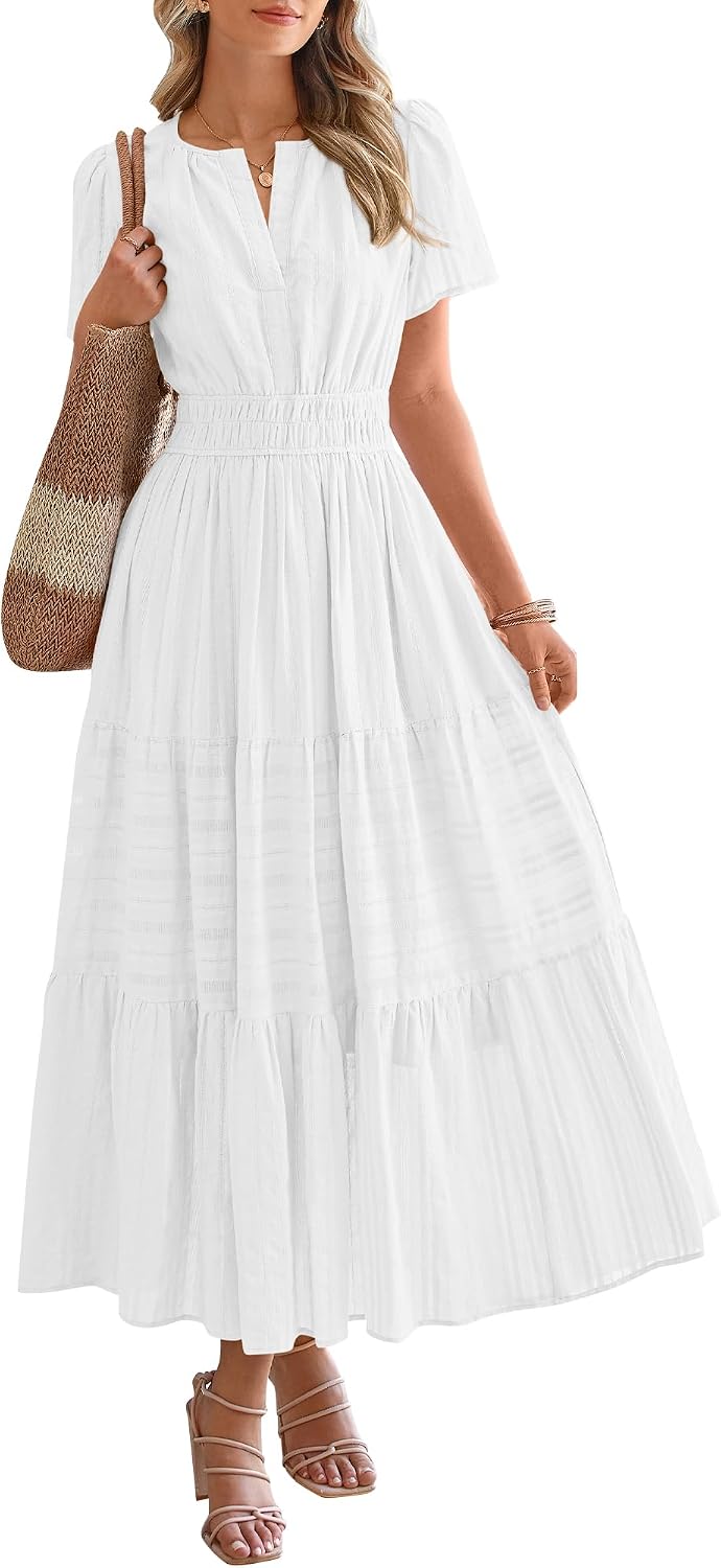 Womens Summer 2026 Casual Maxi Dresses | Lightweight Short Sleeve V Neck,Elastic Waist A Line Long Dress,Boho Beach Dress Pockets,Vacation Outfits,Fashion Clothing