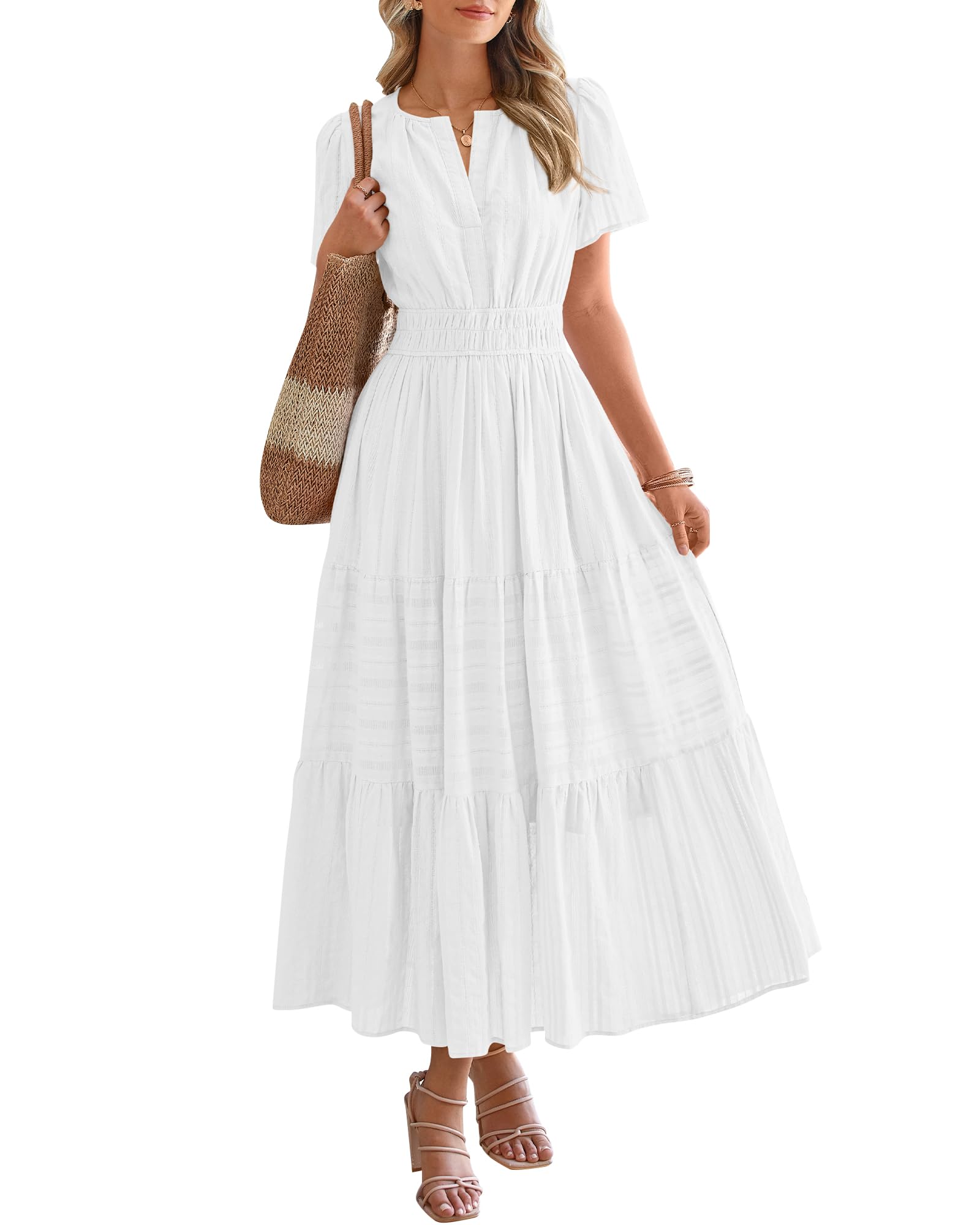 Womens Summer 2026 Casual Maxi Dresses | Lightweight Short Sleeve V Neck,Elastic Waist A Line Long Dress,Boho Beach Dress Pockets,Vacation Outfits,Fashion Clothing