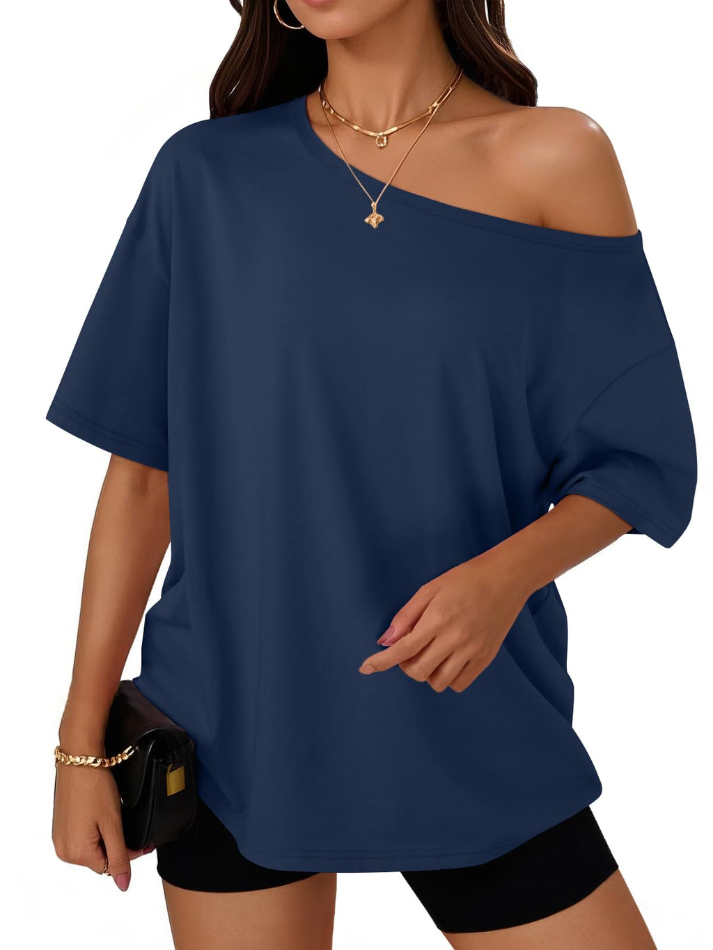 Womens Off the Shoulder Tops Oversized Summer T-Shirts 2026 | Breathable comfort stretch fabric, short sleeve, basic oversized tees, casual workout gym, y2k going out clothes