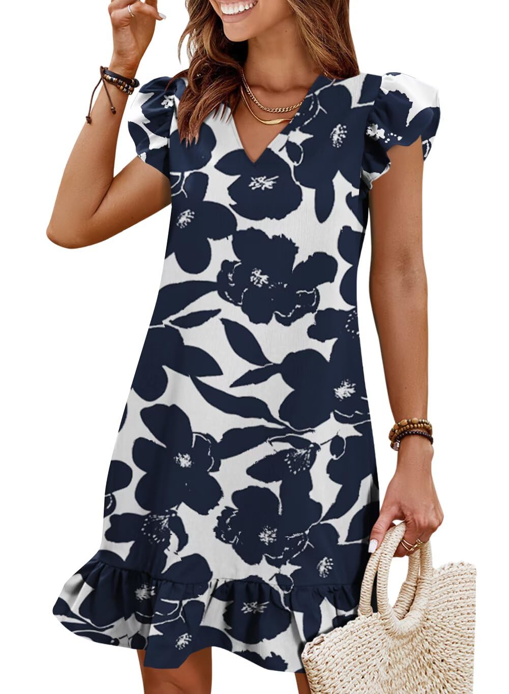 Summer Dresses for Women 2026 Beach Vacation Mini Sundress | Flutter Ruffle Cap Sleeves, V Neck, Ruffle Hem Shift Dress, Casual Loose Fit, Spring Wedding Guest Outfits