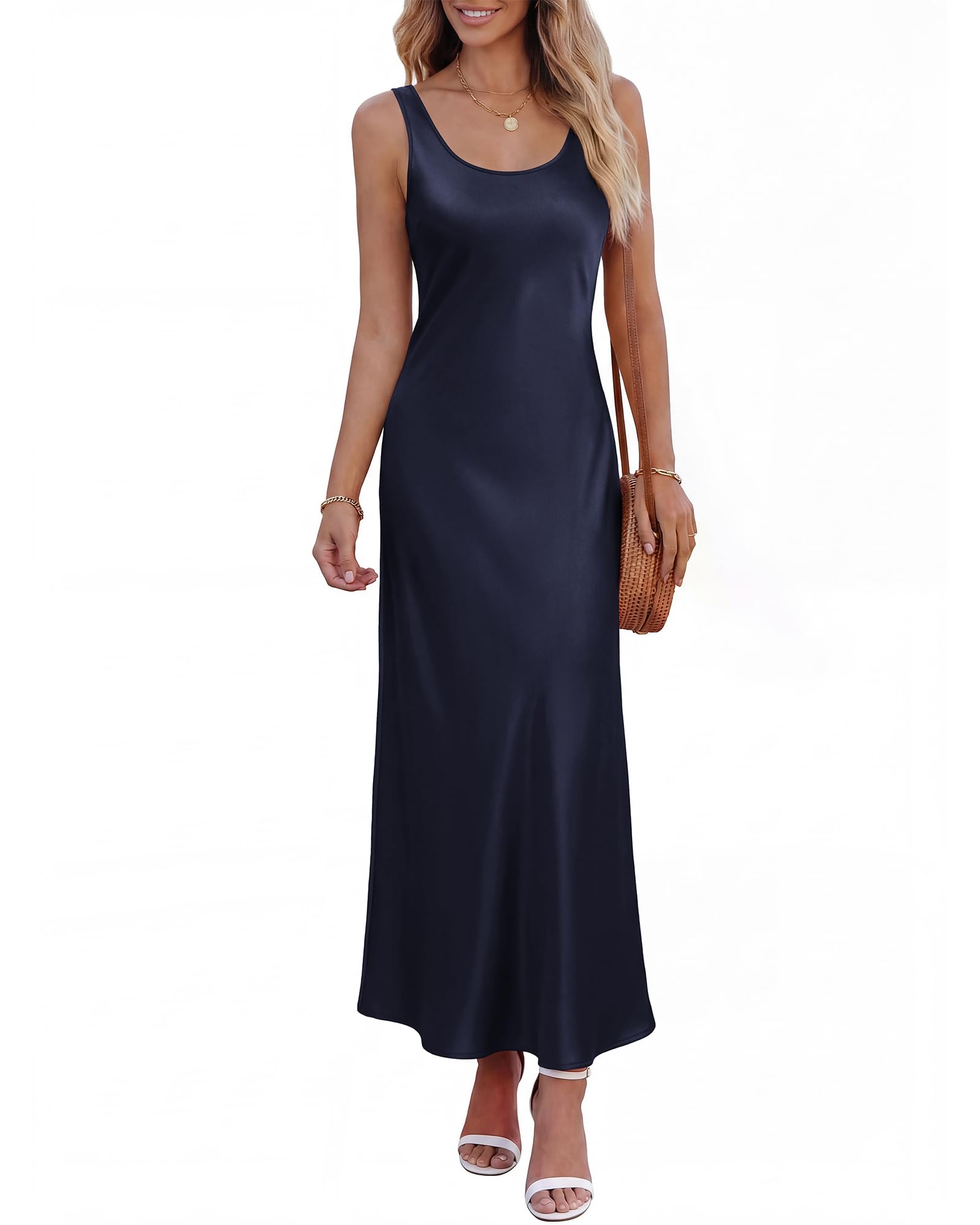 Womens Sleeveless Satin Summer Dresses | Scoop Neck, Lightweight, Loose Sundress, Beach Vacation Clothes, Elegant Cocktail, Party, Going Out Outfits, Fashion Clothing