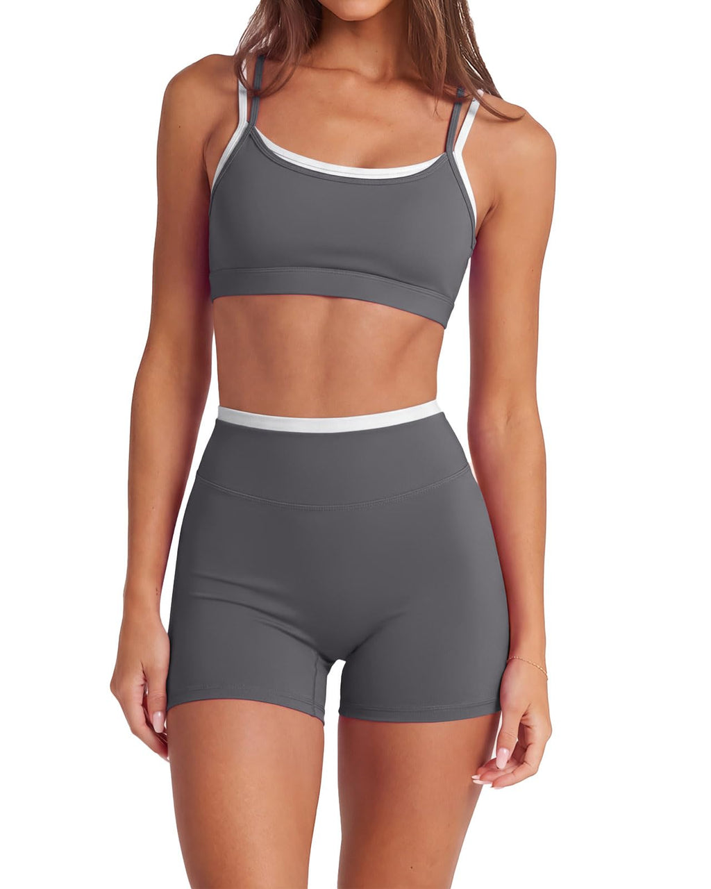 2 Piece Workout Sets Layered Sports Bra Yoga Gym Biker Shorts