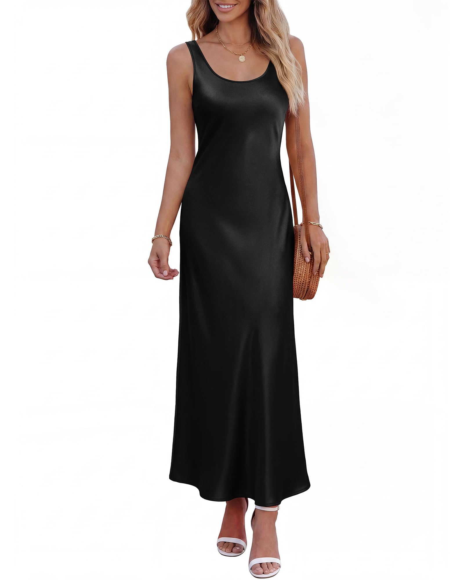 Womens Sleeveless Satin Summer Dresses | Scoop Neck, Lightweight, Loose Sundress, Beach Vacation Clothes, Elegant Cocktail, Party, Going Out Outfits, Fashion Clothing