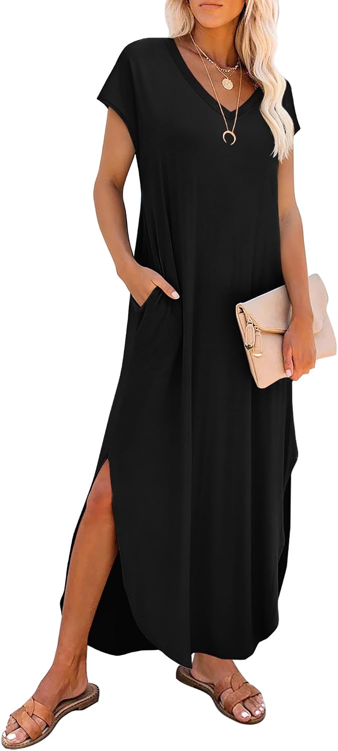 Summer Maxi Dresses for Women Cap Sleeve Long Sundress with Pockets | Casual Tshirt Dress- Vacation Outfits