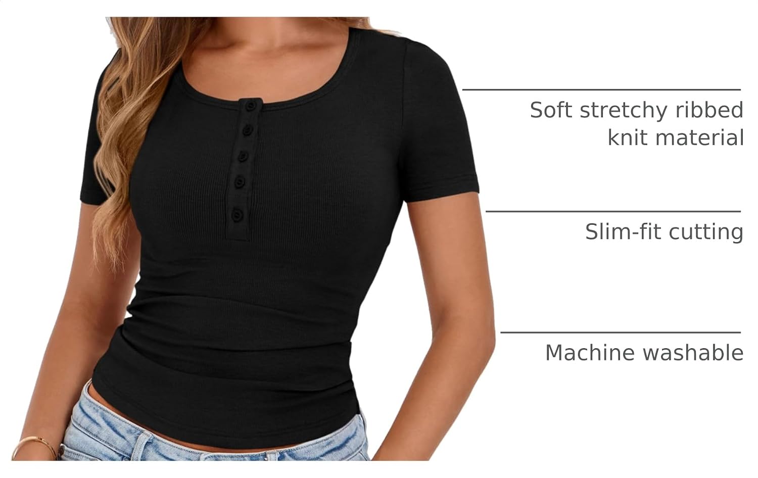 Women's Summer Tops Henley Tee Shirts | Soft Ribbed Fabric, Button Up, Short Sleeve, Slim Fitted, Basic Tshirts, Casual Trendy, Going Out Outfits, Fashion Clothing