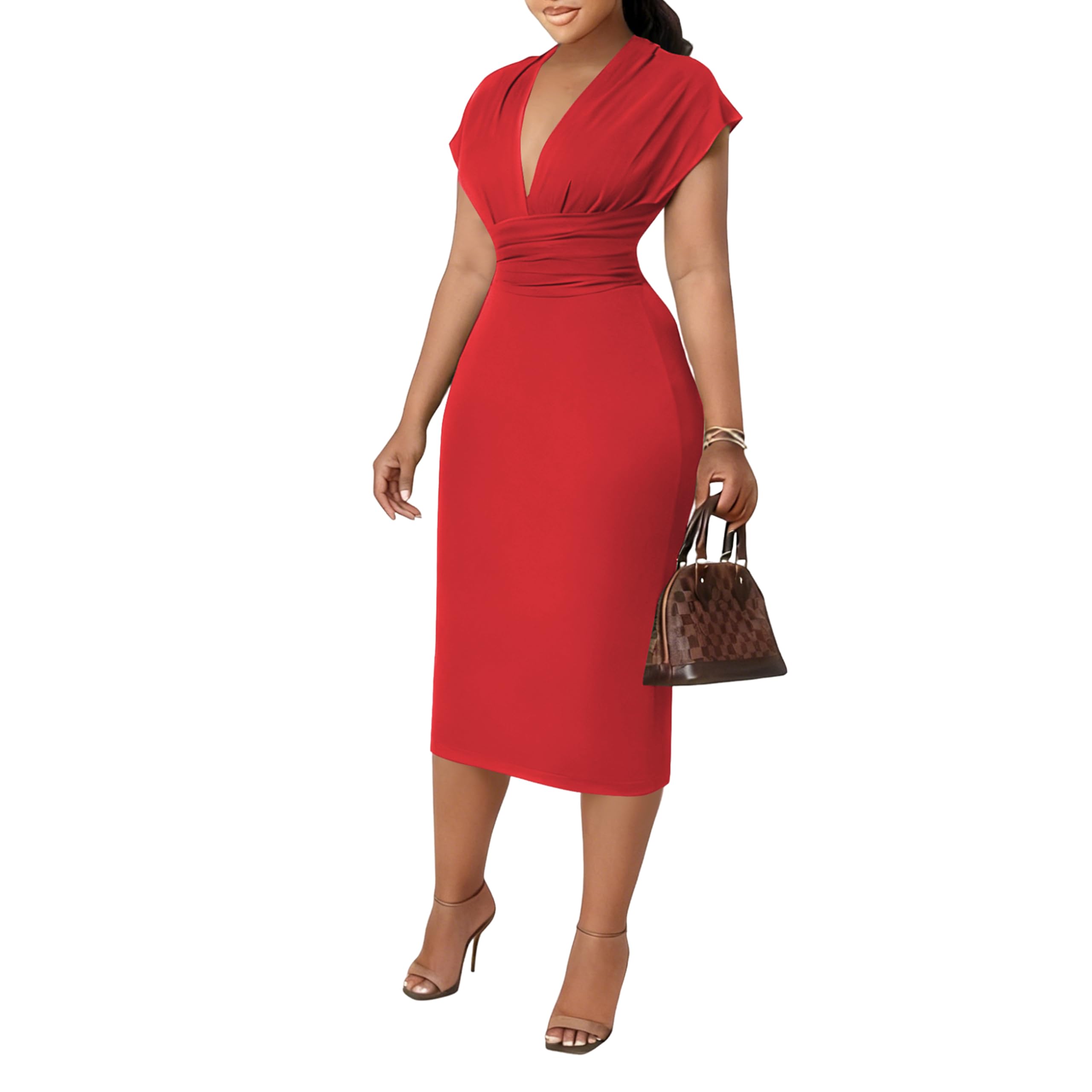 Women's Bodycon Midi Dress Deep V-Neck Cap Sleeve Ruched High Waist Stretchy Dresses for Date Nights, Parties & Work