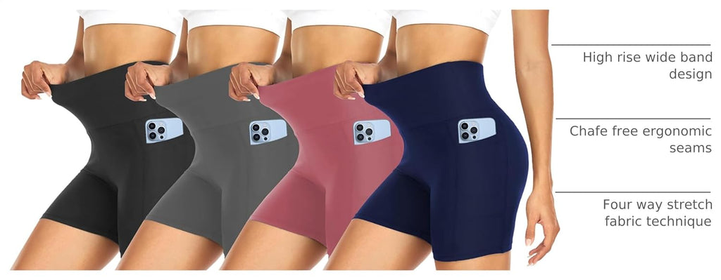 4 Pack Biker Shorts for Women with Pockets – 5" High Waisted Tummy Control Workout Yoga Running Gym Tennis Shorts