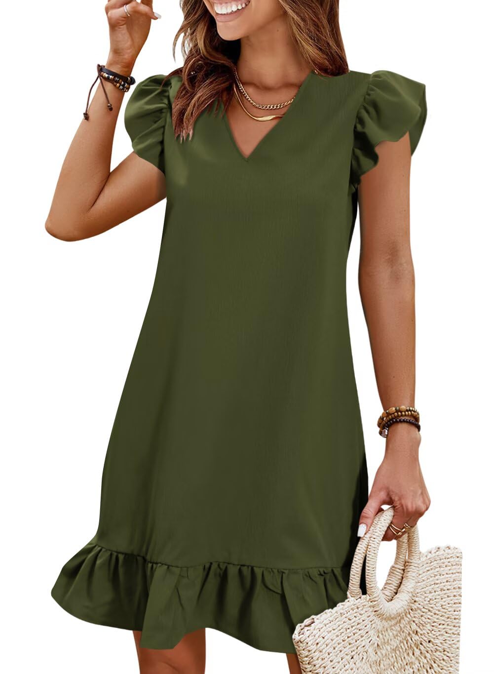 Summer Dresses for Women 2026 Beach Vacation Mini Sundress | Flutter Ruffle Cap Sleeves, V Neck, Ruffle Hem Shift Dress, Casual Loose Fit, Spring Wedding Guest Outfits