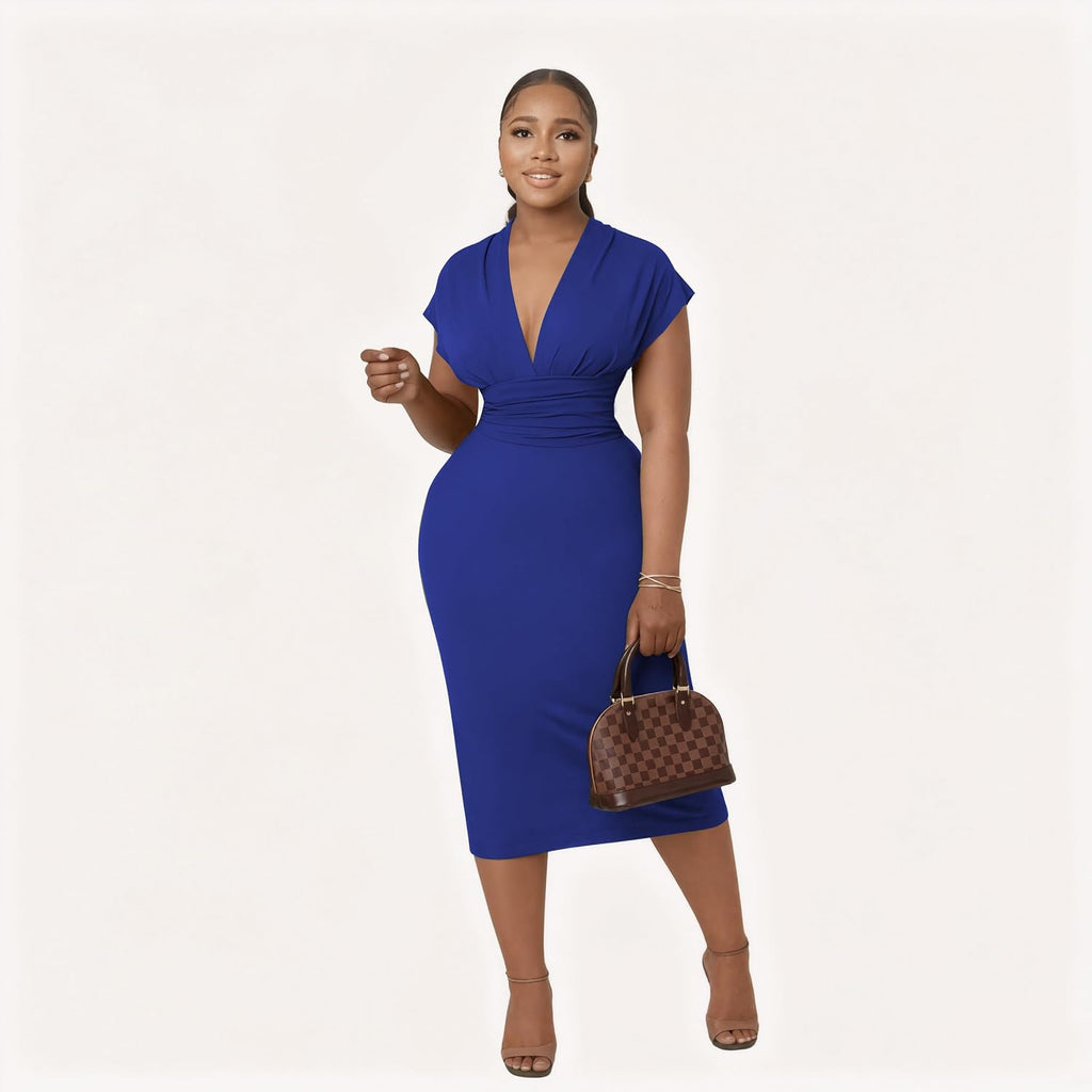 Women's Bodycon Midi Dress Deep V-Neck Cap Sleeve Ruched High Waist Stretchy Dresses for Date Nights, Parties & Work