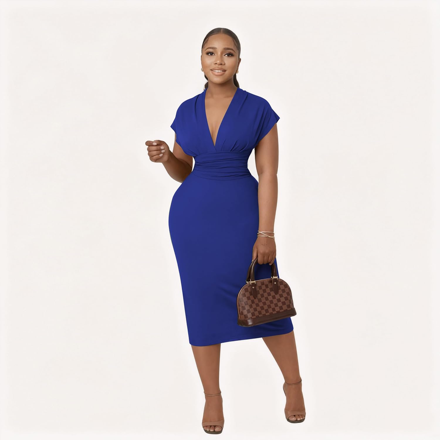 Women's Bodycon Midi Dress Deep V-Neck Cap Sleeve Ruched High Waist Stretchy Dresses for Date Nights, Parties & Work
