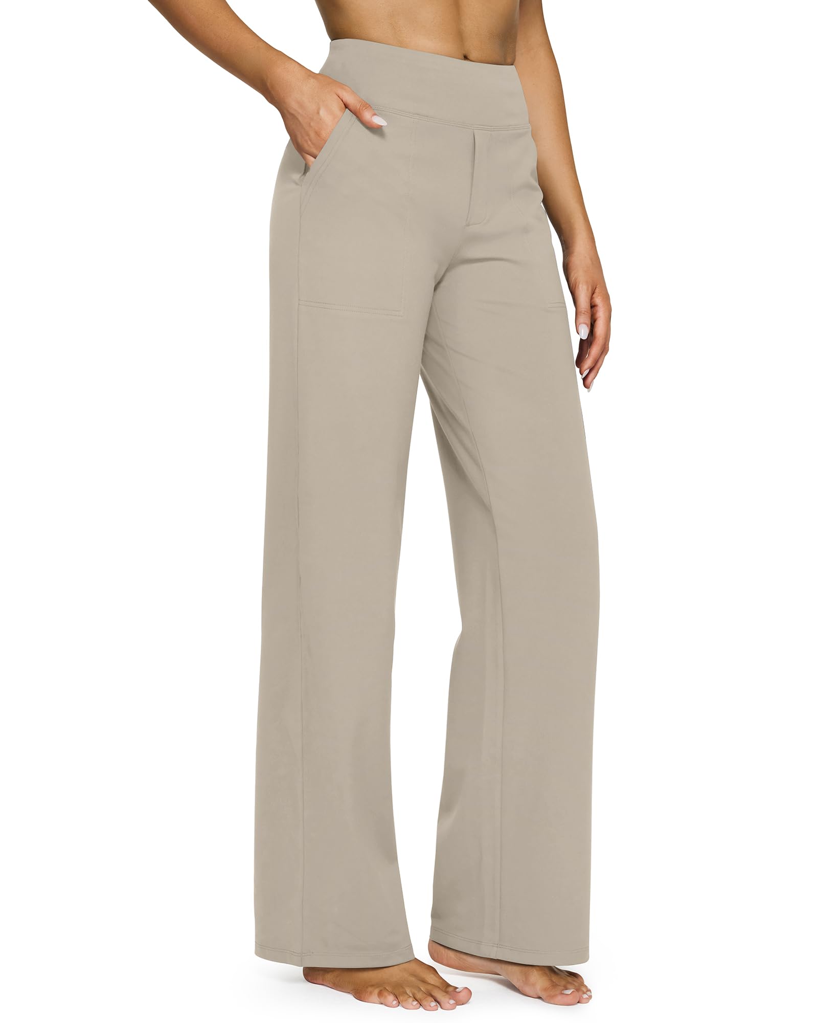 Yoga Pants for Women Wide Leg Pants with Pockets High Waisted | Moisture Wicking, Soft Comfortable Feel, 4-Way Stretch, Faux Fly, Faux Back Pockets, Yoga, Work & Casual Wear