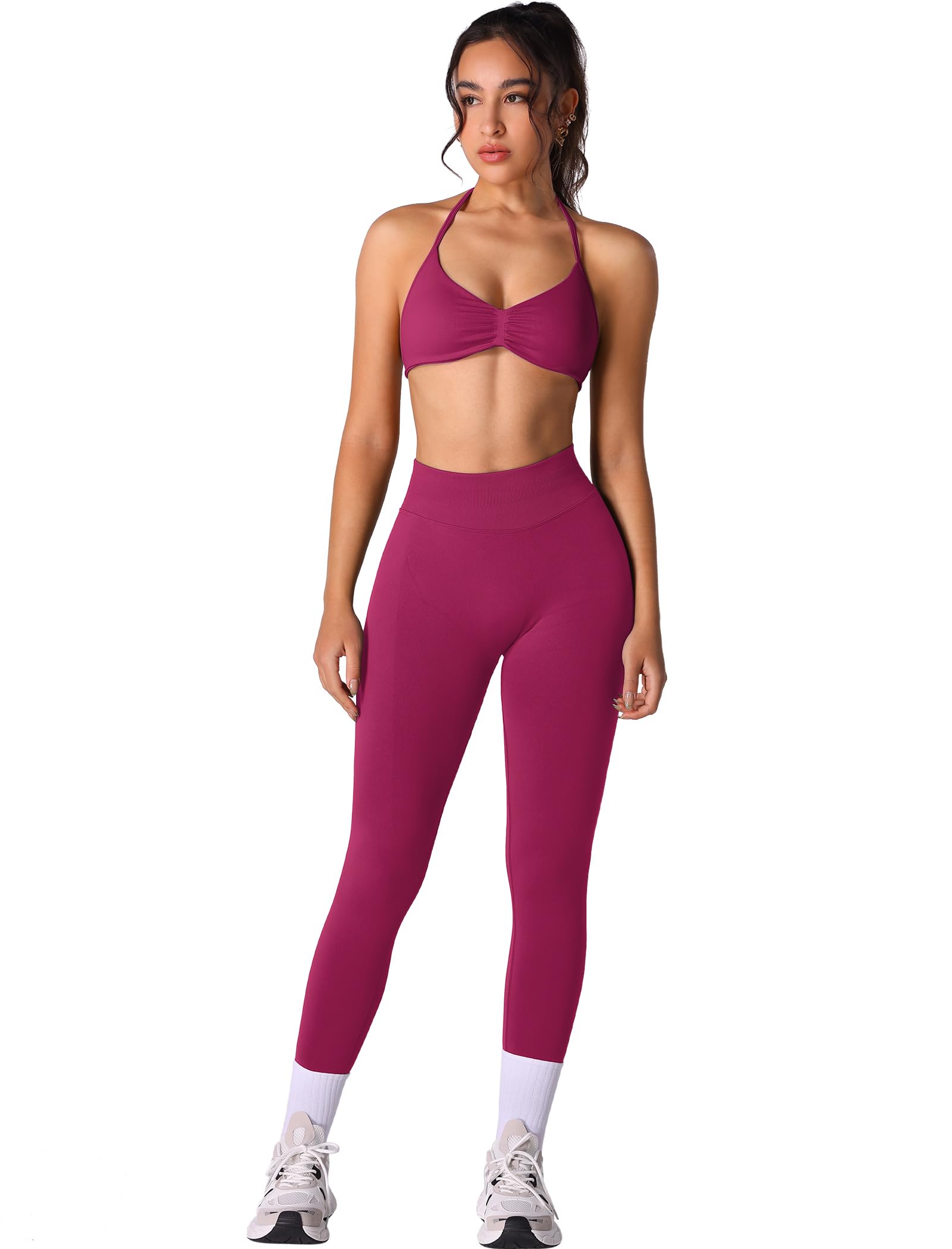 Workout Sets for Women 2 Piece Seamless Halter Sports Bra Scrunch Butt High Waist Leggings Gym Yoga Outfits