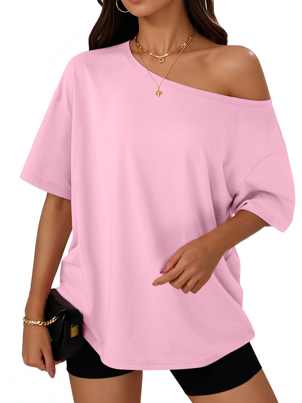 Womens Off the Shoulder Tops Oversized Summer T-Shirts 2026 | Breathable comfort stretch fabric, short sleeve, basic oversized tees, casual workout gym, y2k going out clothes