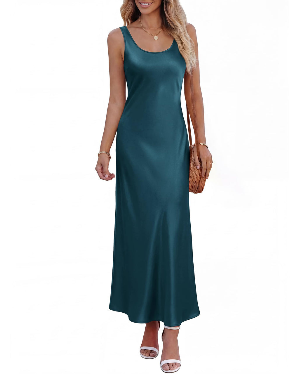 Womens Sleeveless Satin Summer Dresses | Scoop Neck, Lightweight, Loose Sundress, Beach Vacation Clothes, Elegant Cocktail, Party, Going Out Outfits, Fashion Clothing