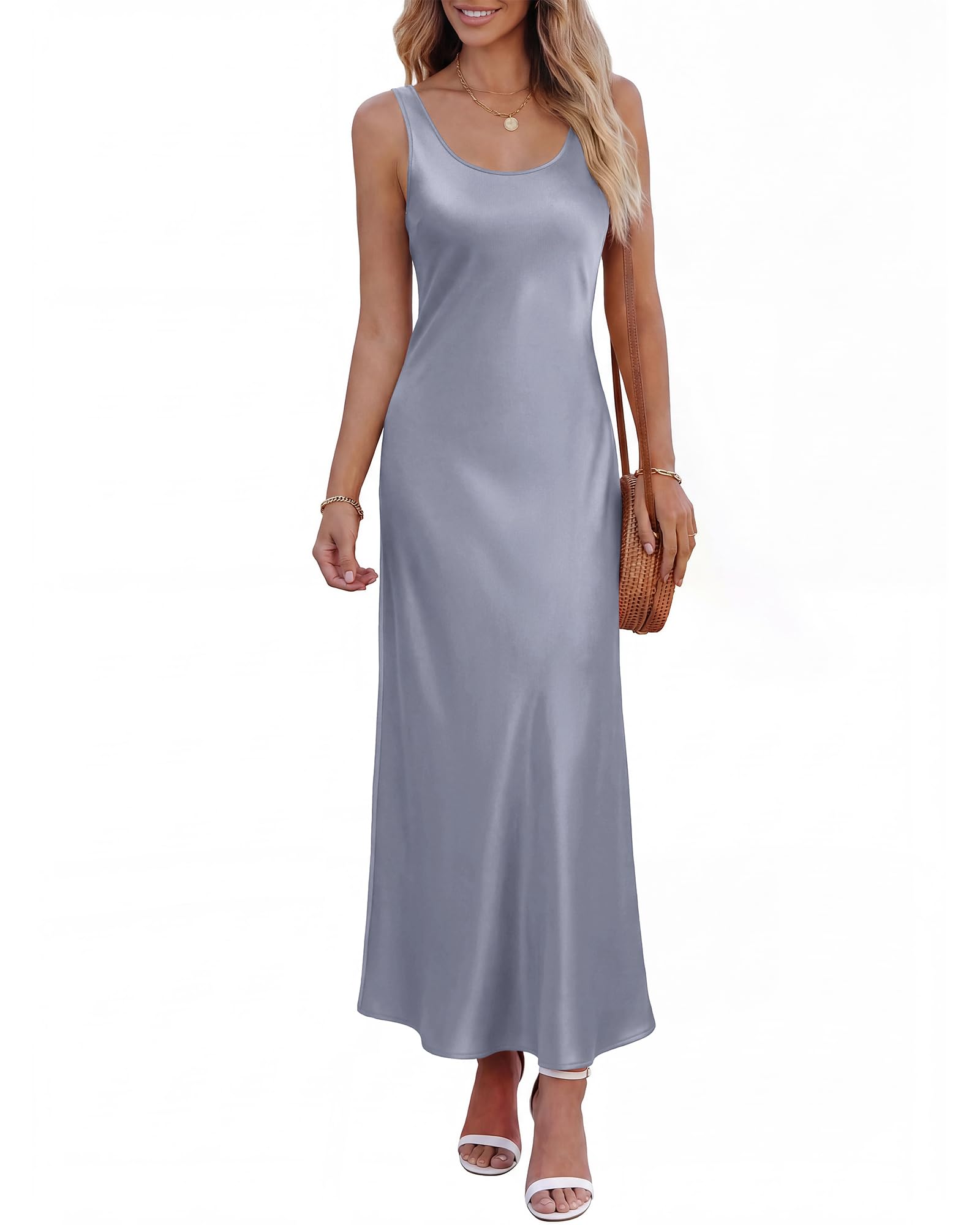 Womens Sleeveless Satin Summer Dresses | Scoop Neck, Lightweight, Loose Sundress, Beach Vacation Clothes, Elegant Cocktail, Party, Going Out Outfits, Fashion Clothing
