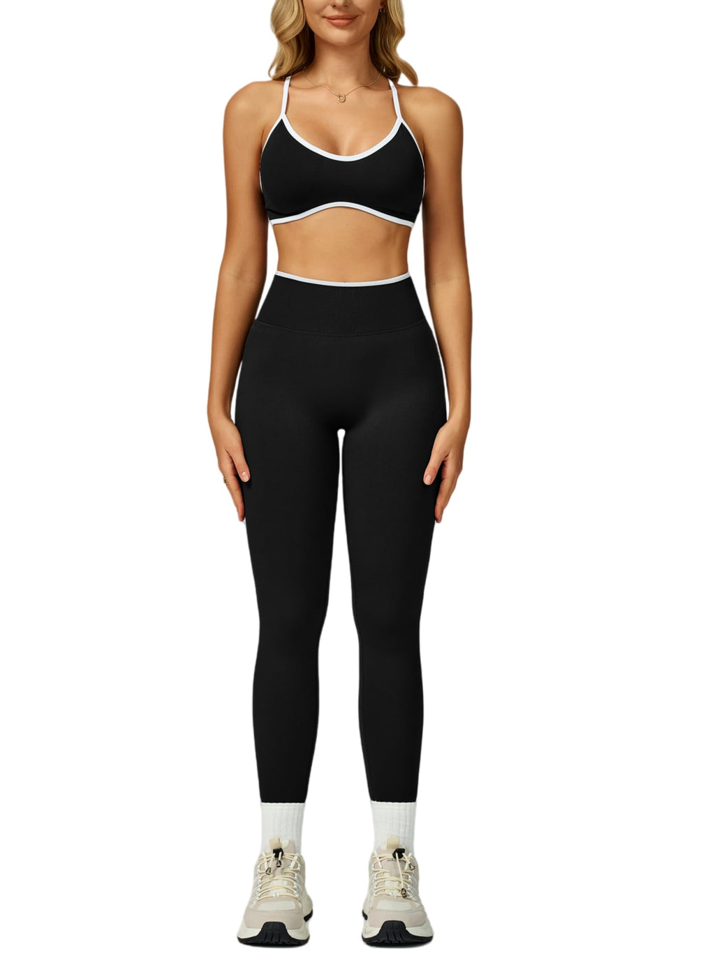 Womens 2 Piece Workout Sets Seamless Color Block Sports Bra Scrunch Butt Lifting High Waist Leggings Gym Set