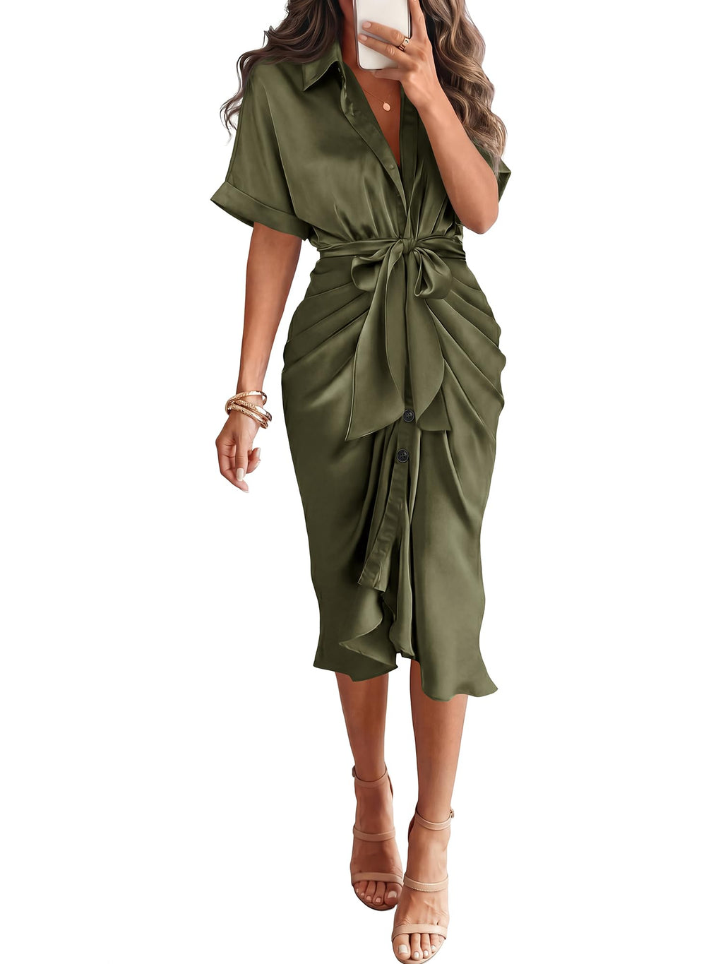 Dresses for Women Business Casual Outfits | Short Sleeve, Button Down, Lightweight, Silk Satin Dress, Ruched, Tie Waist, Cocktail, Party, Wedding Guest, Work Clothes