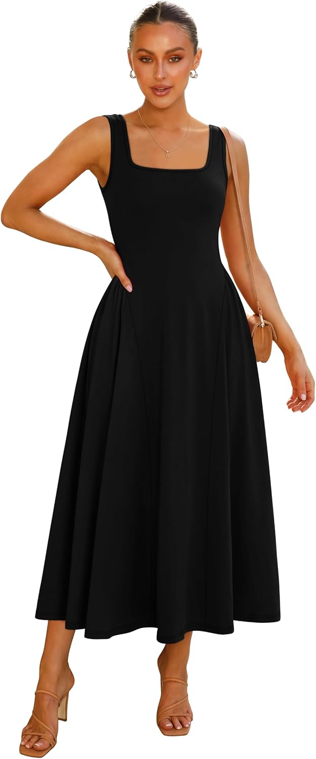 Summer Dresses for Women Square Neck Corset A Line Maxi Dress Ruffle Ruched Waist Flowy Outfits