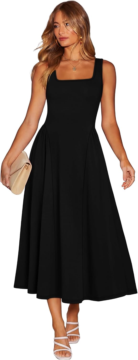 Summer Dresses for Women Square Neck Corset A Line Maxi Dress Ruffle Ruched Waist Flowy Outfits