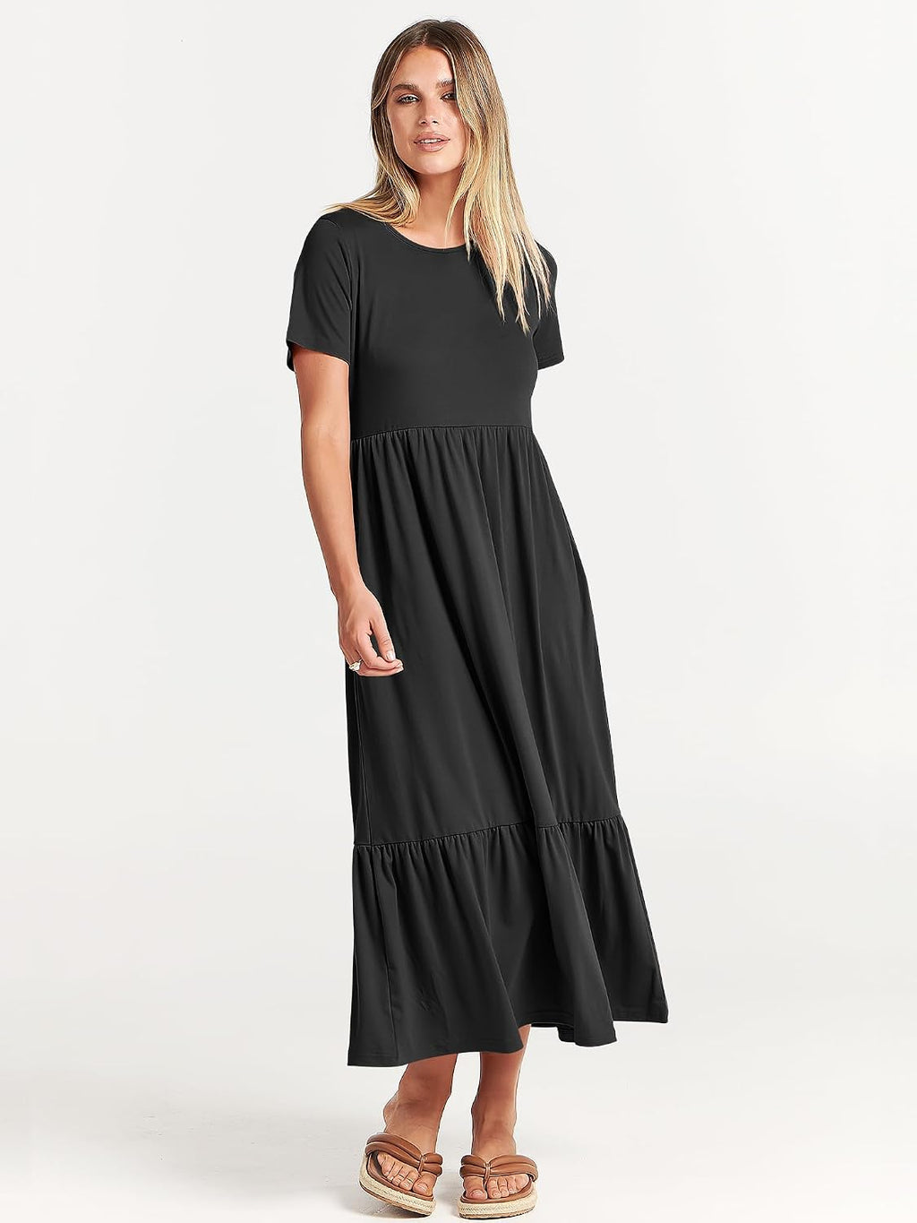 Womens 2026 Summer Casual Maxi Dress A line Tiered Flowy Short Sleeve Crewneck T Shirt Beach Travel Long Dresses