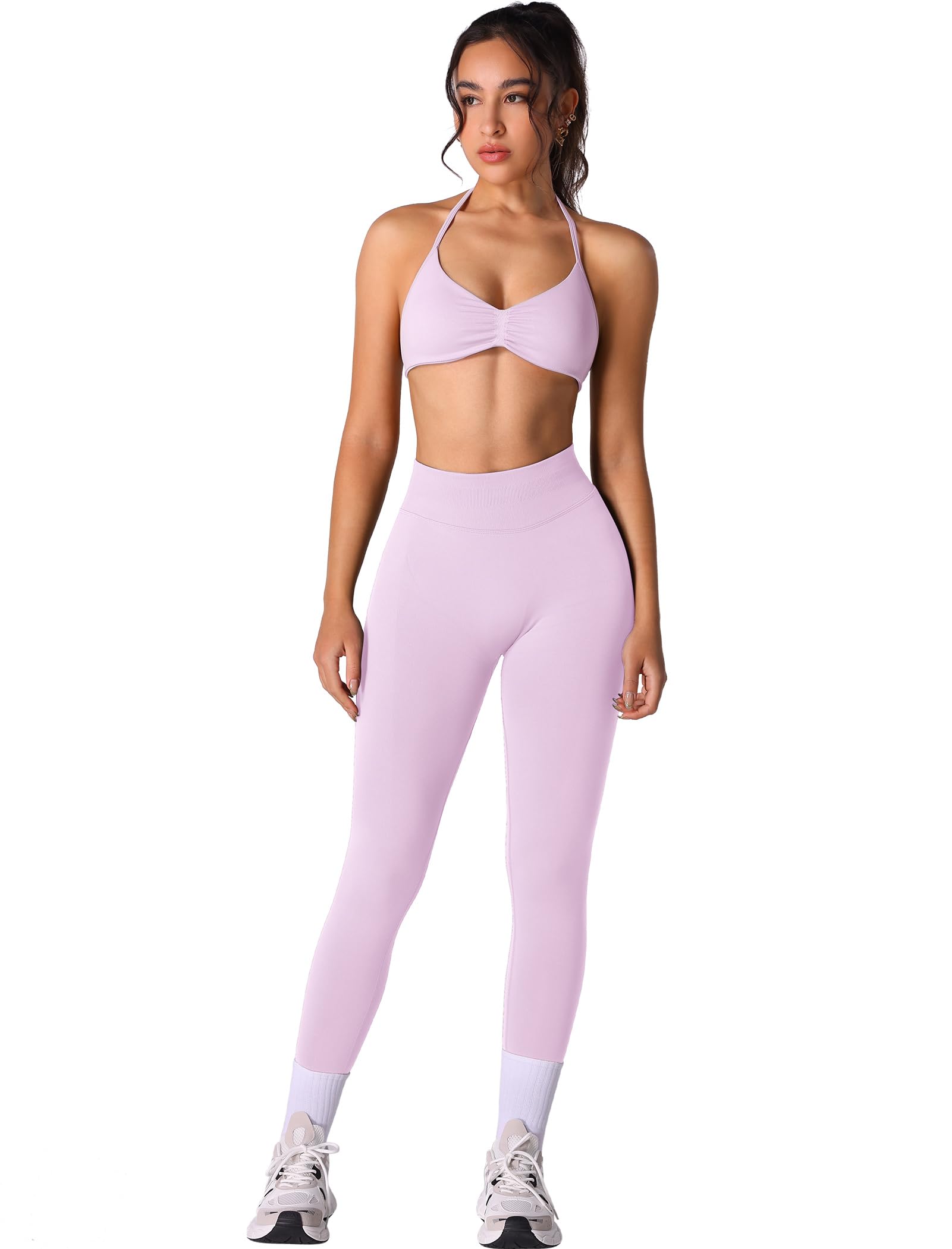Workout Sets for Women 2 Piece Seamless Halter Sports Bra Scrunch Butt High Waist Leggings Gym Yoga Outfits