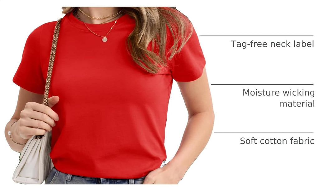 Women's T Shirts Cotton Short Sleeve Shirts Crew-Neck Summer Tops Classic-Fit Tees Breathable Casual Clothes