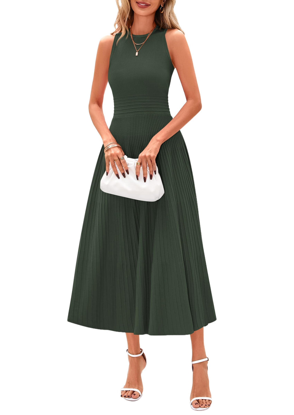 Women's Summer Pleated Midi Work Dress | Sleeveless A Line Knit Business Dresses, Spring Semi Formal Long Dress for Wedding Guest, Cocktail Party, Teacher Outfits