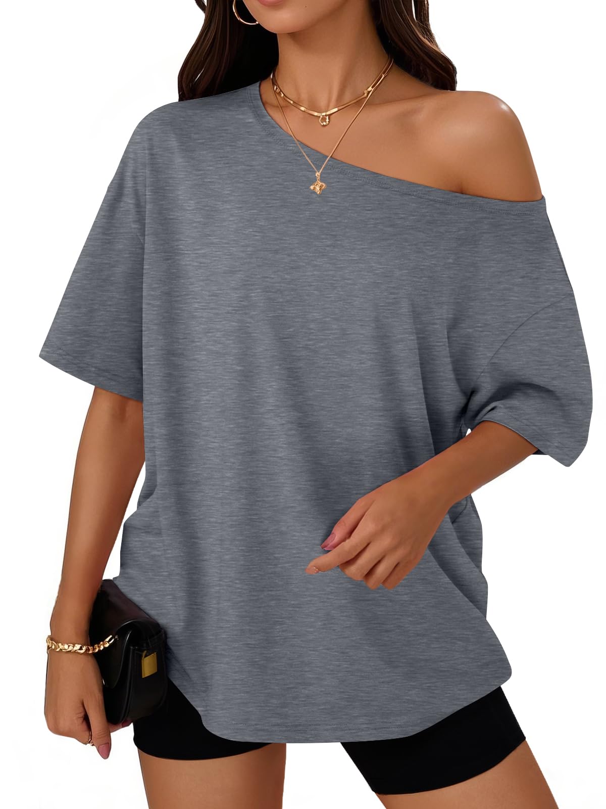 Womens Off the Shoulder Tops Oversized Summer T-Shirts 2026 | Breathable comfort stretch fabric, short sleeve, basic oversized tees, casual workout gym, y2k going out clothes