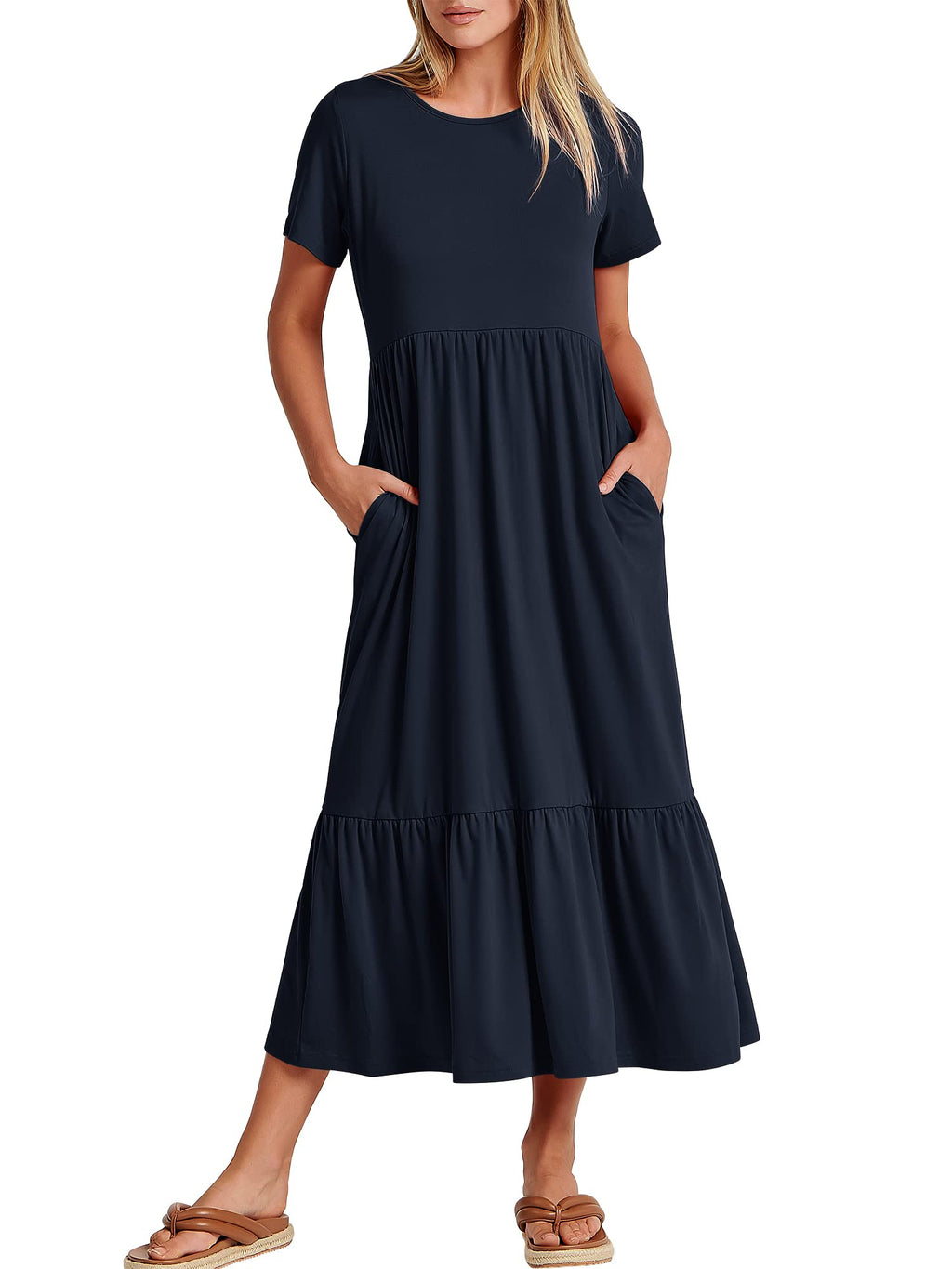 Womens 2026 Summer Casual Maxi Dress A line Tiered Flowy Short Sleeve Crewneck T Shirt Beach Travel Long Dresses