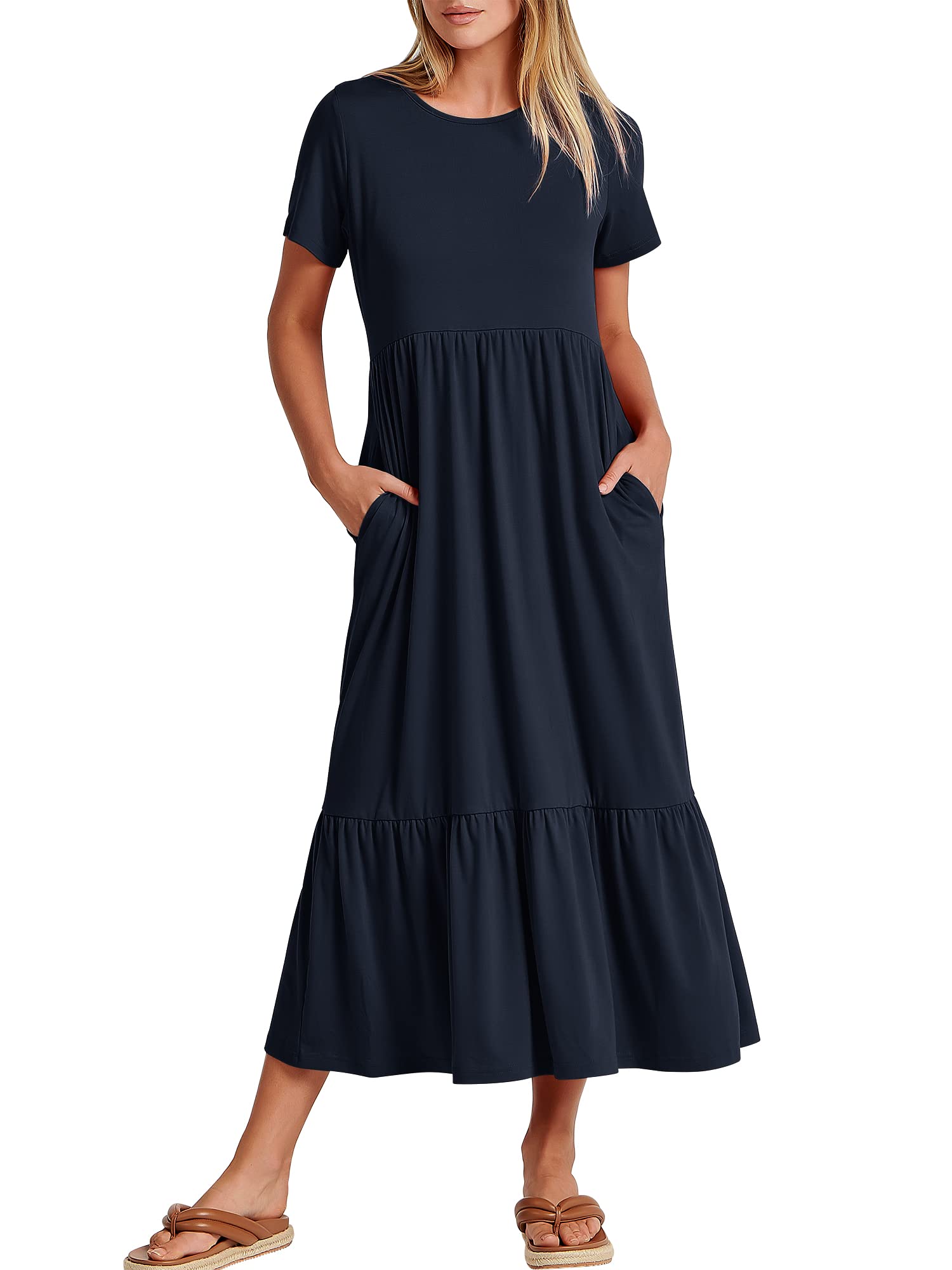 Womens 2026 Summer Casual Maxi Dress A line Tiered Flowy Short Sleeve Crewneck T Shirt Beach Travel Long Dresses