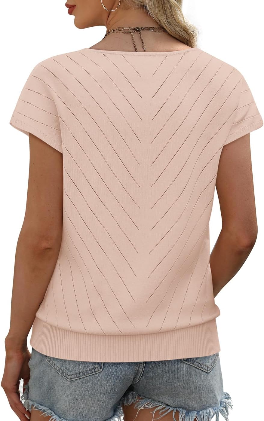 Short Sleeve Sweater for Women V Neck Trendy Summer Tops 2026 Beach Vacation Clothes Travel Business Casual Outfits