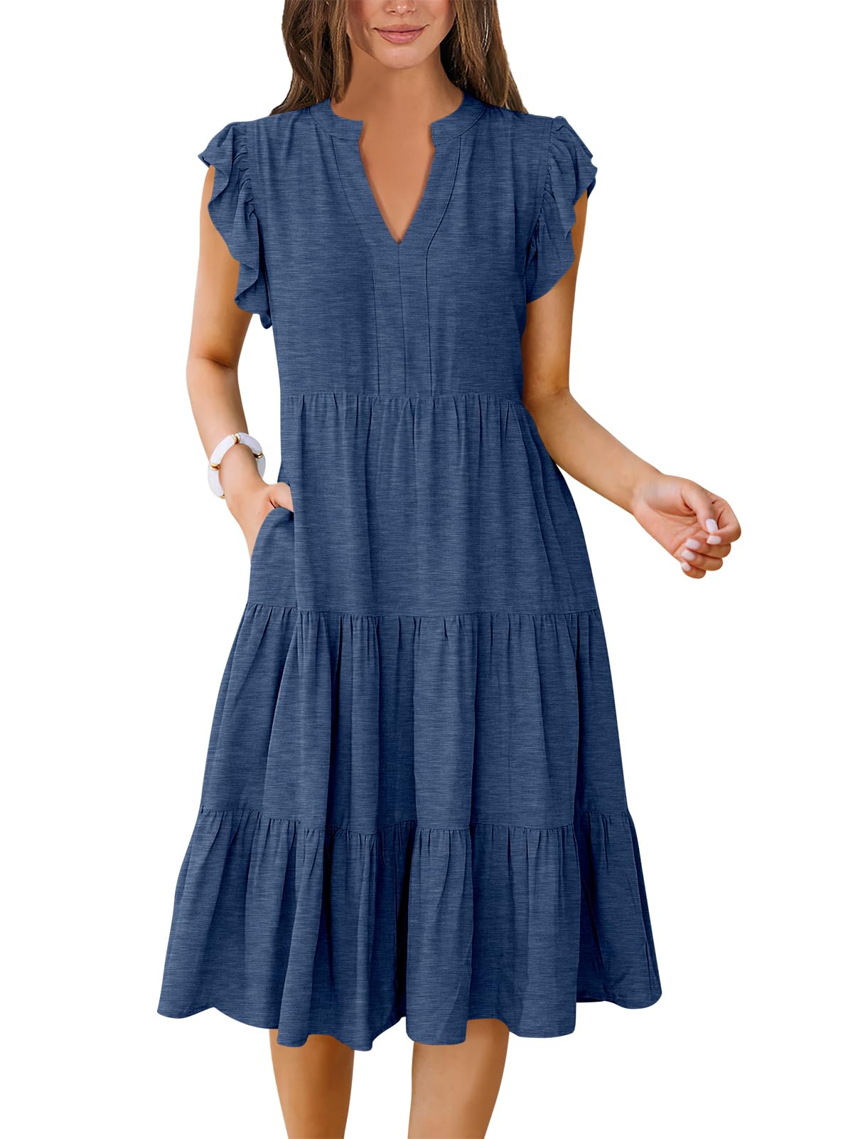 Womens Summer Dress Ruffle Sleeve V Neck Midi Dresses Fashion Casual Fit Flowy Tiered Boho Beach Vacation Sundress