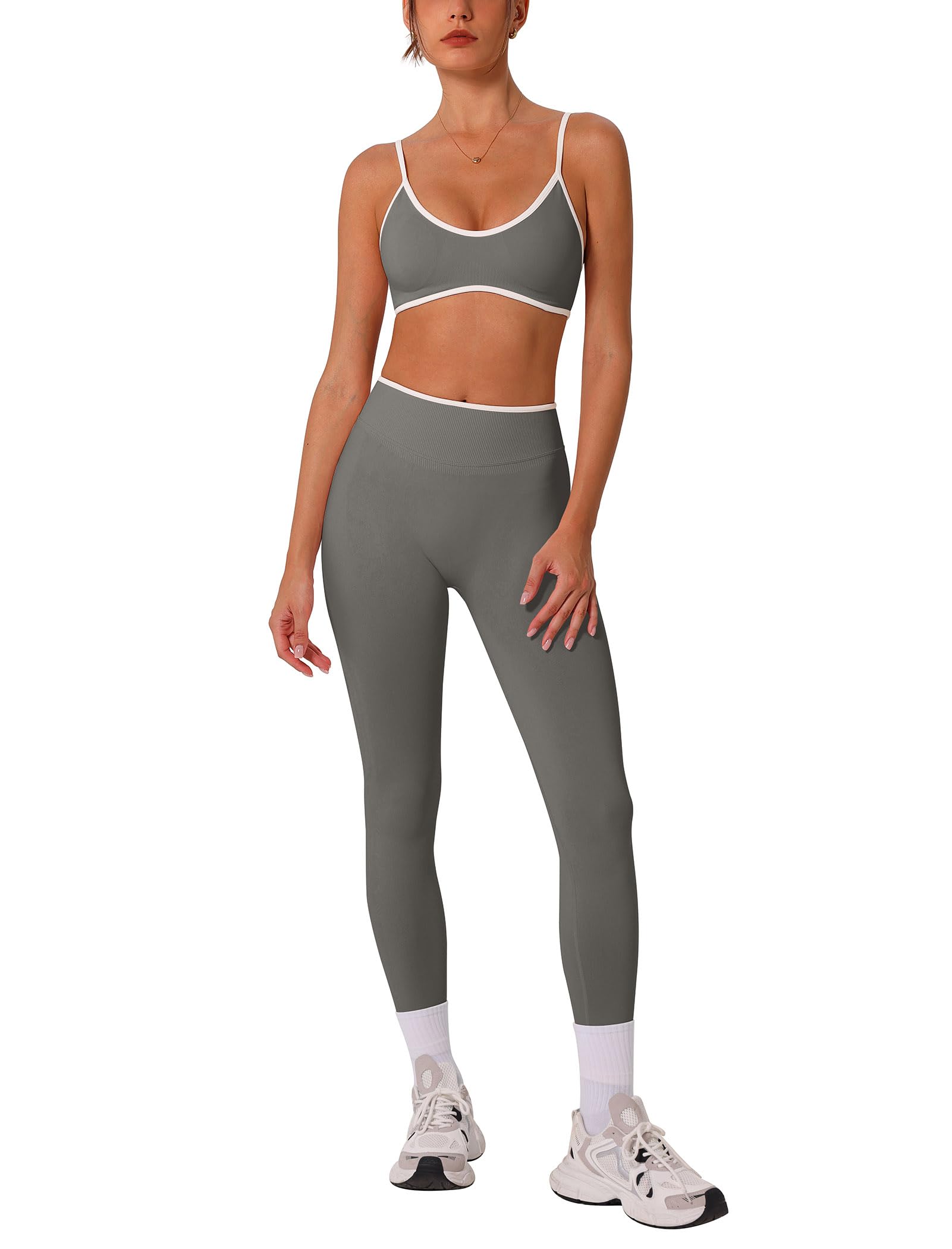 Womens 2 Piece Workout Sets Seamless Color Block Sports Bra Scrunch Butt Lifting High Waist Leggings Gym Set
