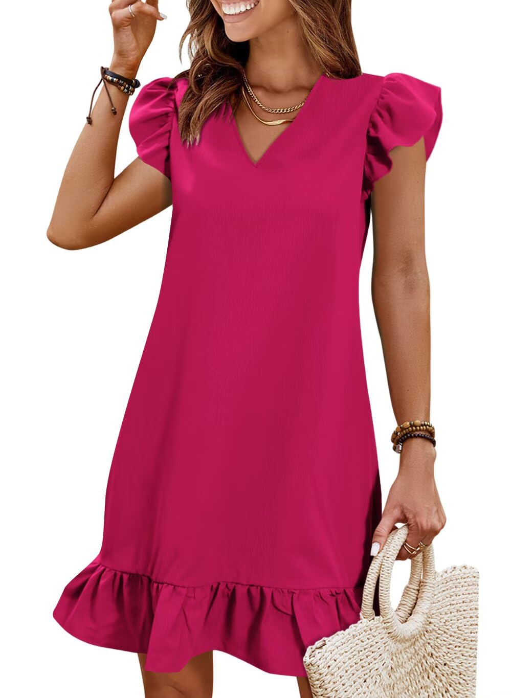Summer Dresses for Women 2026 Beach Vacation Mini Sundress | Flutter Ruffle Cap Sleeves, V Neck, Ruffle Hem Shift Dress, Casual Loose Fit, Spring Wedding Guest Outfits