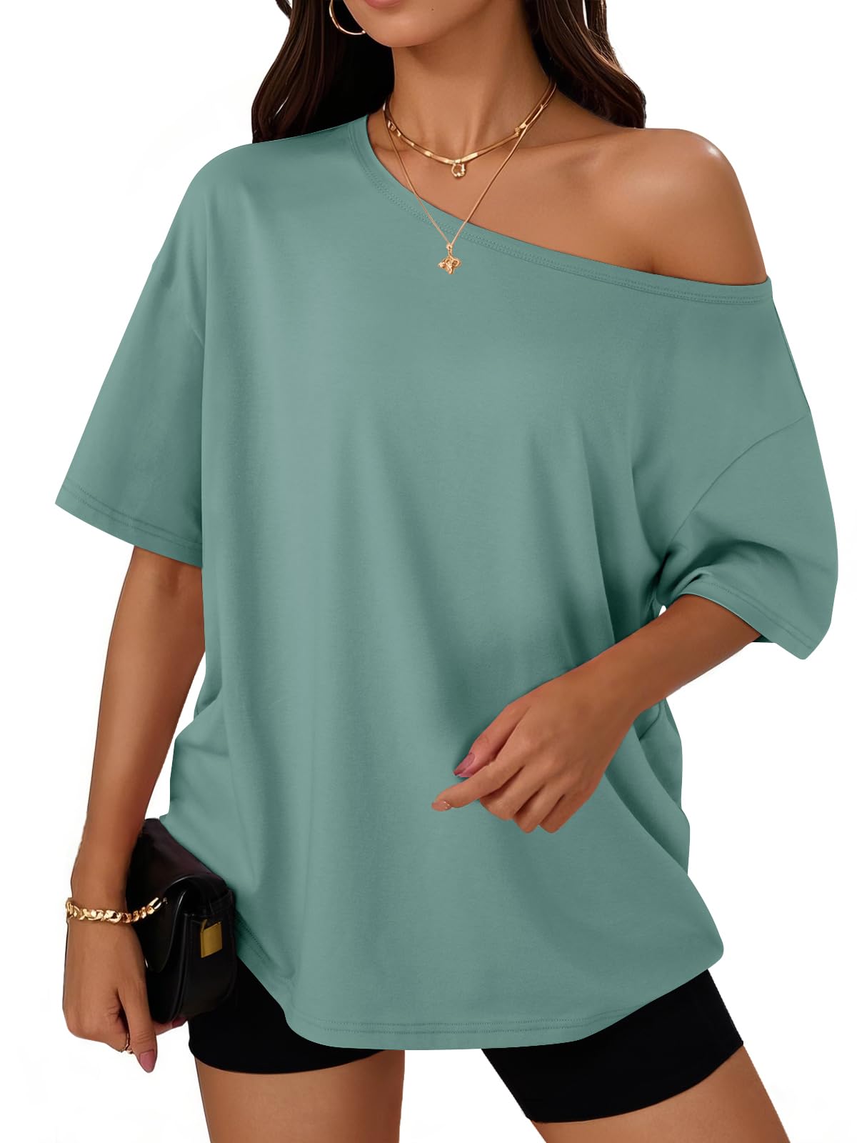 Womens Off the Shoulder Tops Oversized Summer T-Shirts 2026 | Breathable comfort stretch fabric, short sleeve, basic oversized tees, casual workout gym, y2k going out clothes