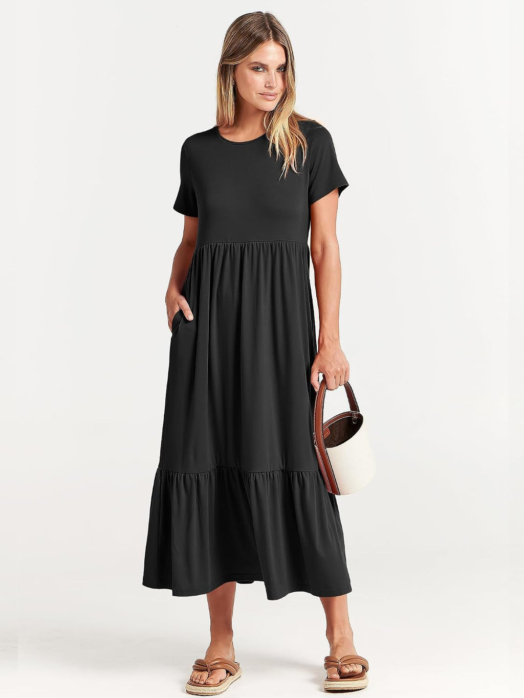 Womens 2026 Summer Casual Maxi Dress A line Tiered Flowy Short Sleeve Crewneck T Shirt Beach Travel Long Dresses