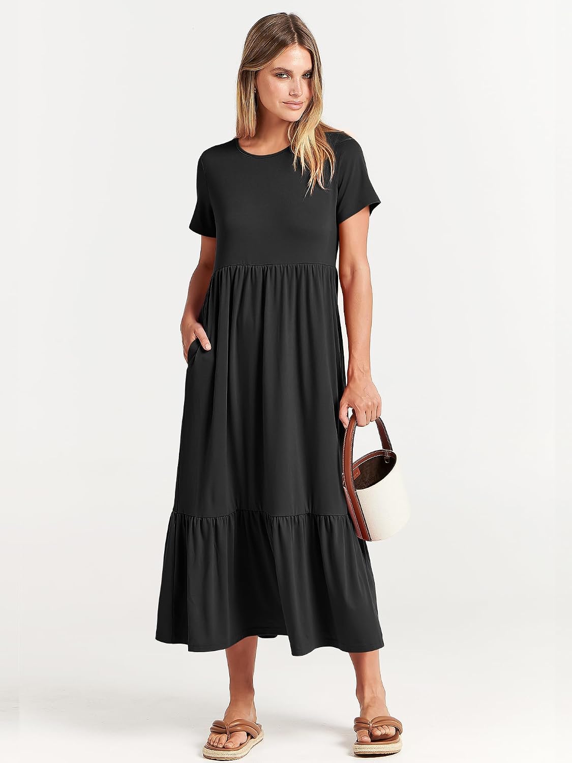 Womens 2026 Summer Casual Maxi Dress A line Tiered Flowy Short Sleeve Crewneck T Shirt Beach Travel Long Dresses