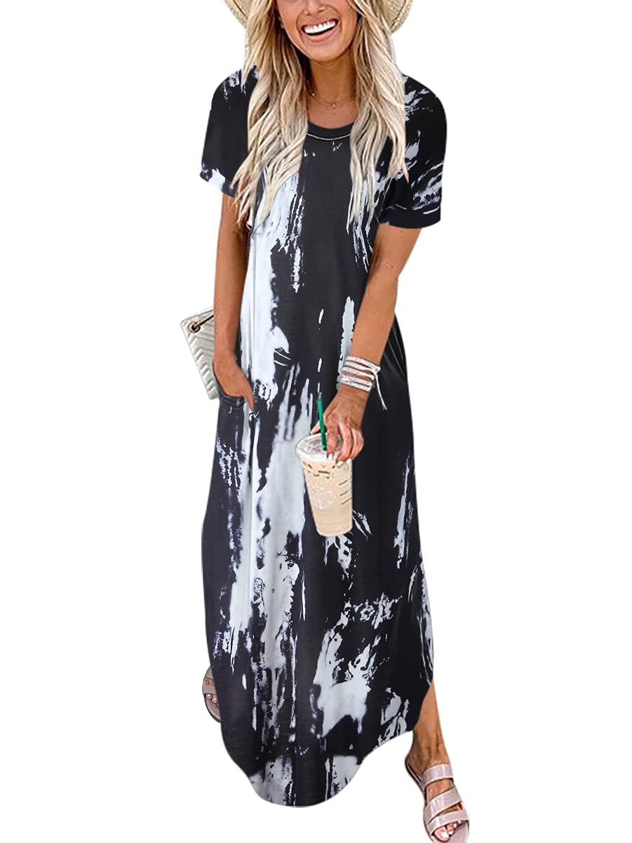 Womens Summer Maxi Dress Short Sleeve Casual Loose Long T Shirt Dresses Split Vacation Beach Sundress Travel Outfits