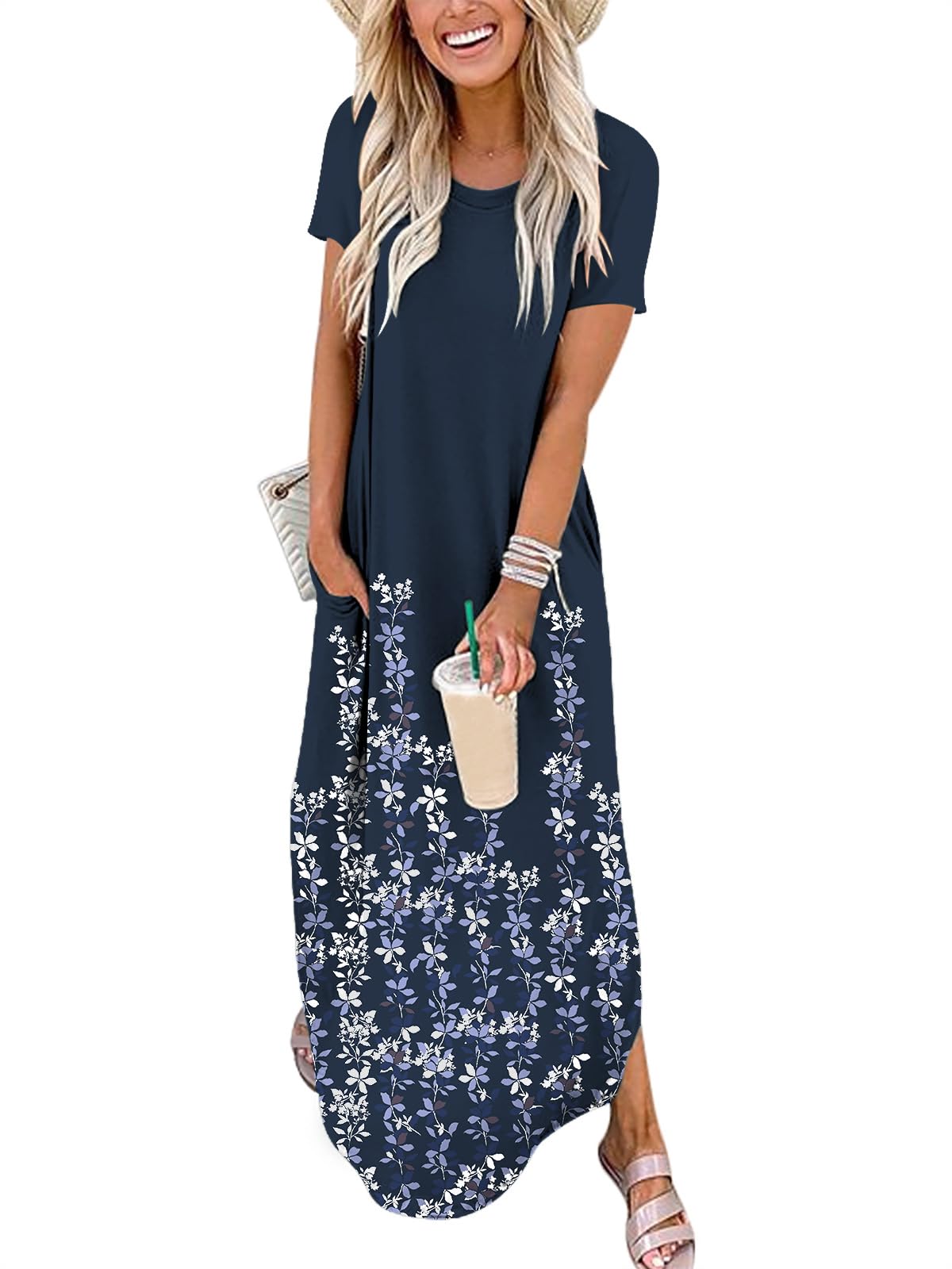 Womens Summer Maxi Dress Short Sleeve Casual Loose Long T Shirt Dresses Split Vacation Beach Sundress Travel Outfits