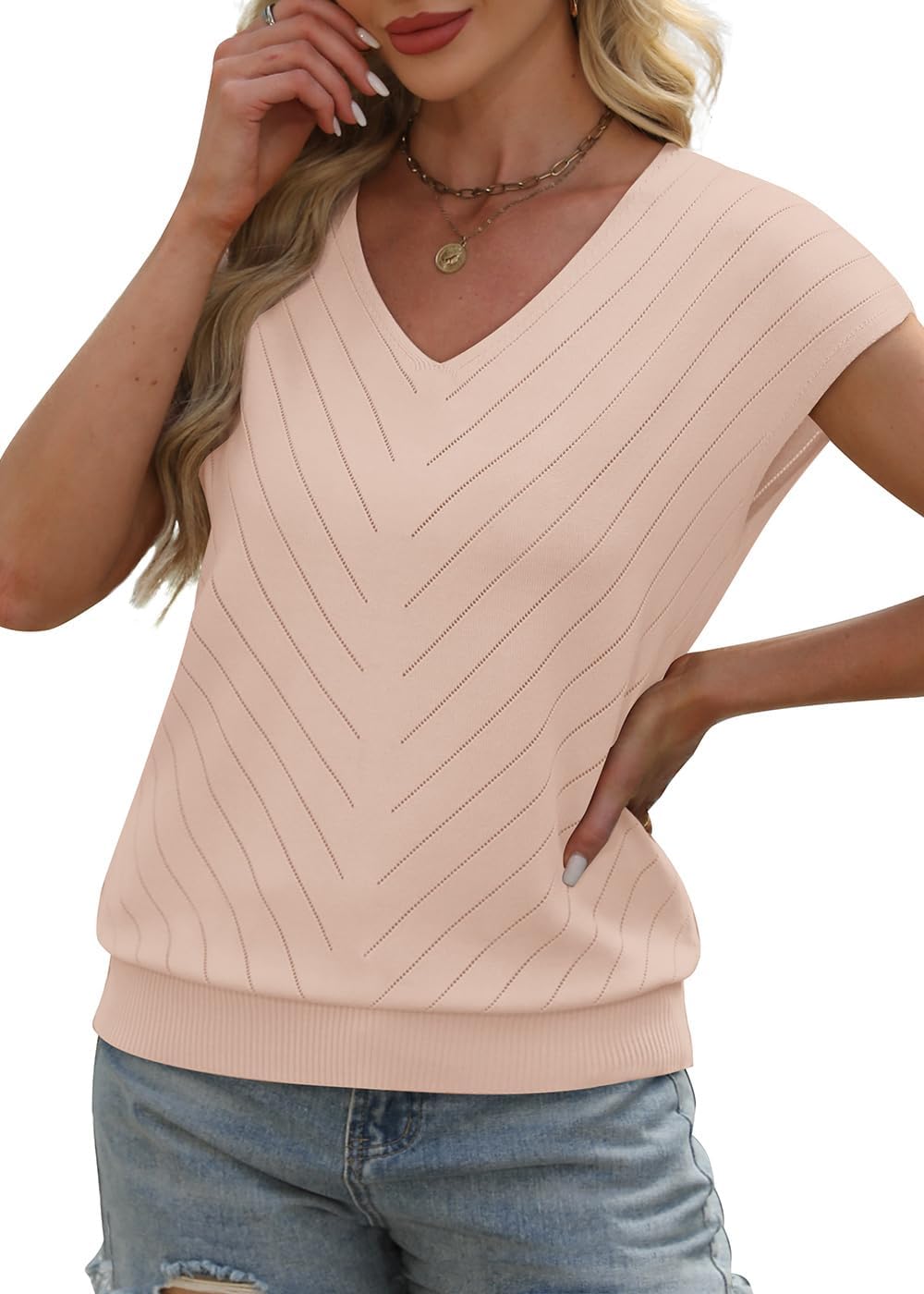 Short Sleeve Sweater for Women V Neck Trendy Summer Tops 2026 Beach Vacation Clothes Travel Business Casual Outfits
