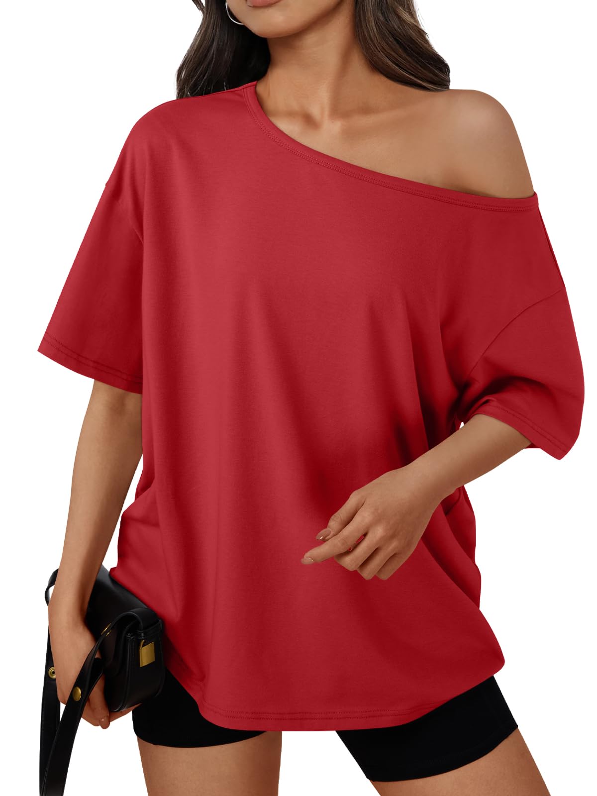 Womens Off the Shoulder Tops Oversized Summer T-Shirts 2026 | Breathable comfort stretch fabric, short sleeve, basic oversized tees, casual workout gym, y2k going out clothes