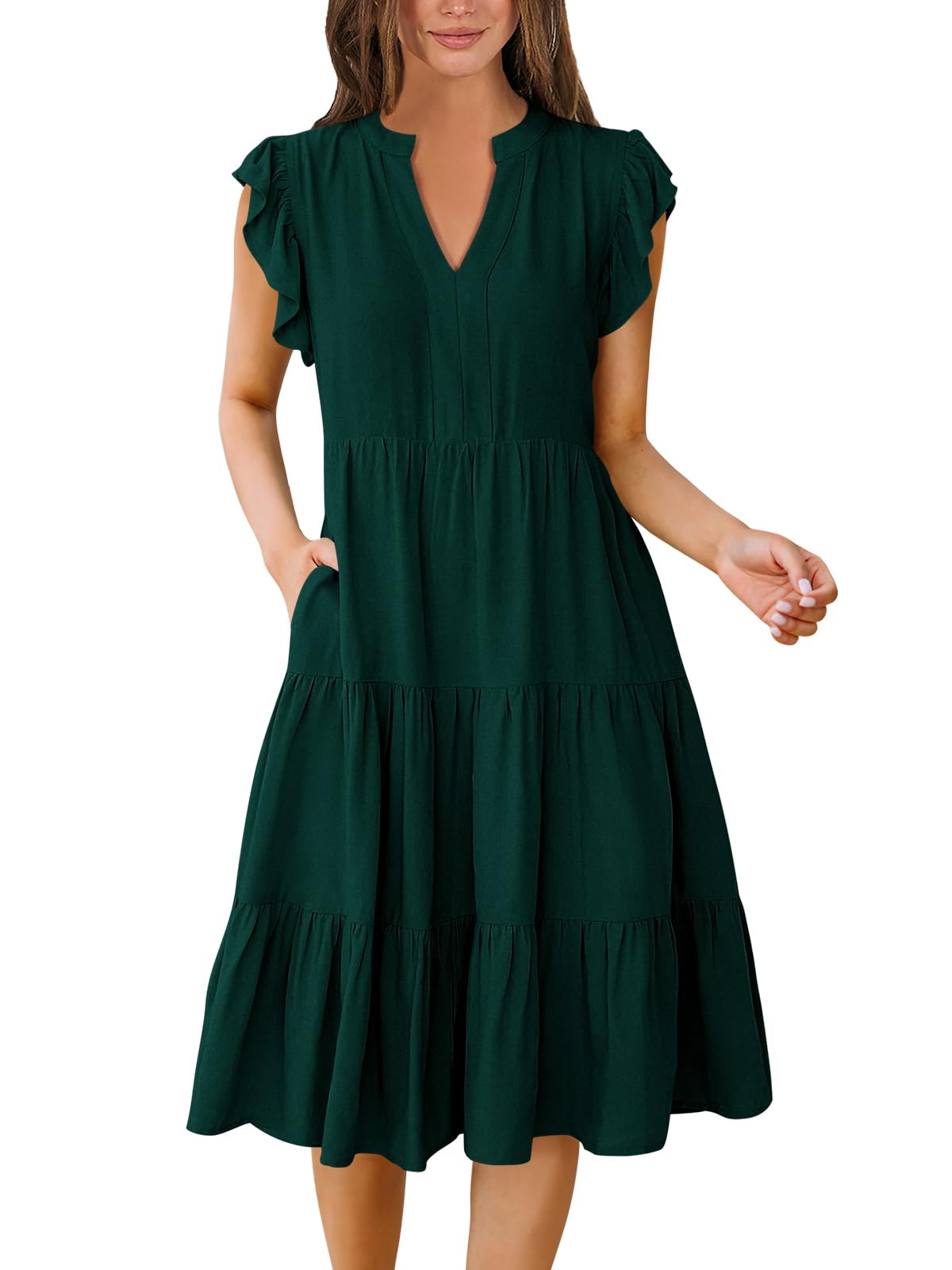 Womens Summer Dress Ruffle Sleeve V Neck Midi Dresses Fashion Casual Fit Flowy Tiered Boho Beach Vacation Sundress