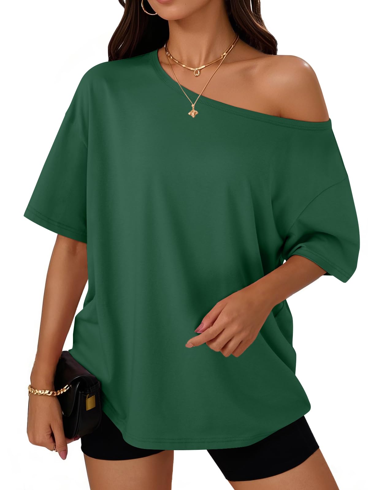 Womens Off the Shoulder Tops Oversized Summer T-Shirts 2026 | Breathable comfort stretch fabric, short sleeve, basic oversized tees, casual workout gym, y2k going out clothes