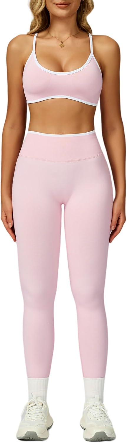 Womens 2 Piece Workout Sets Seamless Color Block Sports Bra Scrunch Butt Lifting High Waist Leggings Gym Set