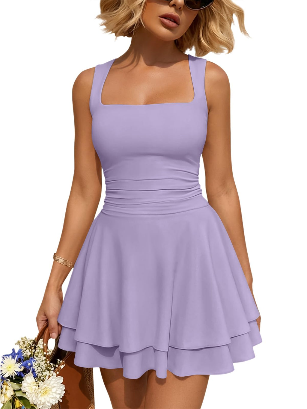 Women Mini Summer Party Homecoming Beach Vacation Sun Dresses | Birthday Square Neck Flowy Short Sundress, 2026 Cruise Outfits, Athletic Cute Clothes, Date Night Club Resort Wear